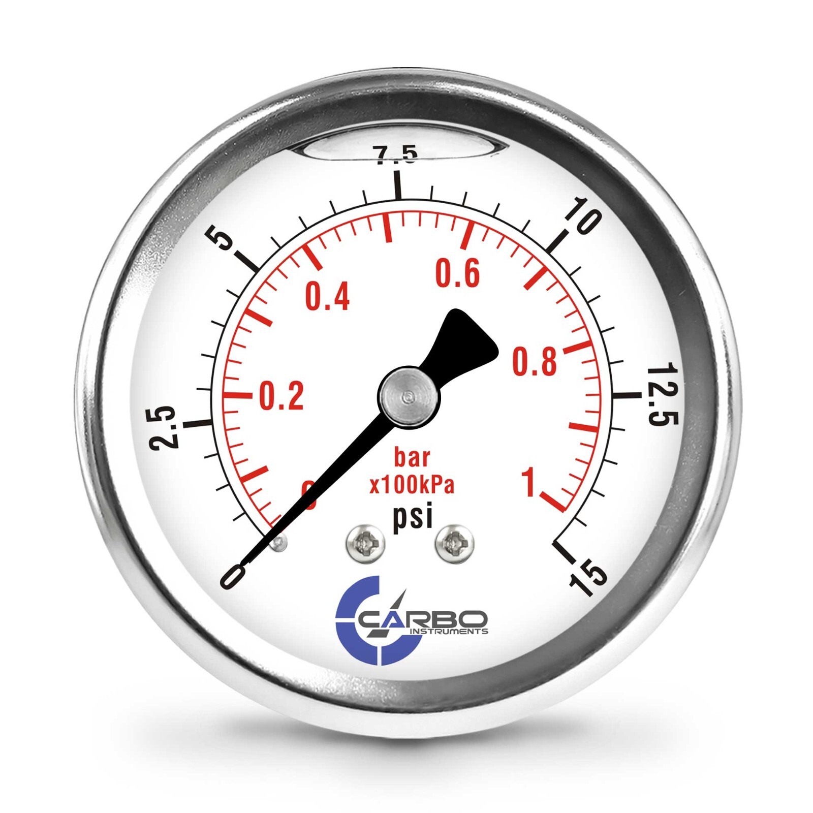 2.5" LIQUID FILLED PRESSURE GAUGE 0 - 15 PSI, STAINLESS STEEL CASE BACK  MOUNT