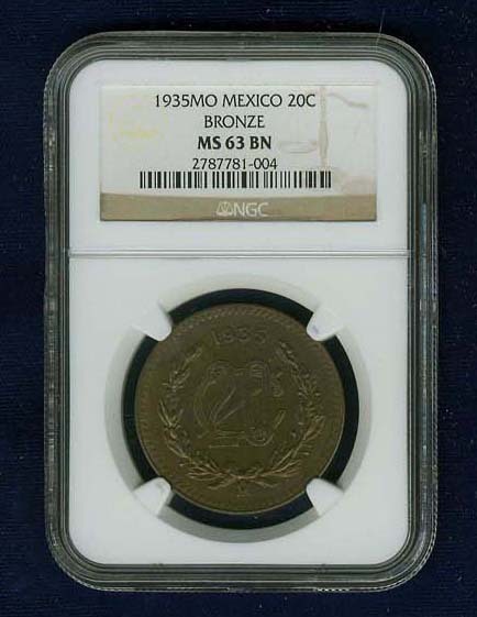 MEXICO ESTADOS UNIDOS 1935 20 CENTAVOS COIN CERTIFIED UNCIRCULATED NGC MS63-BN
