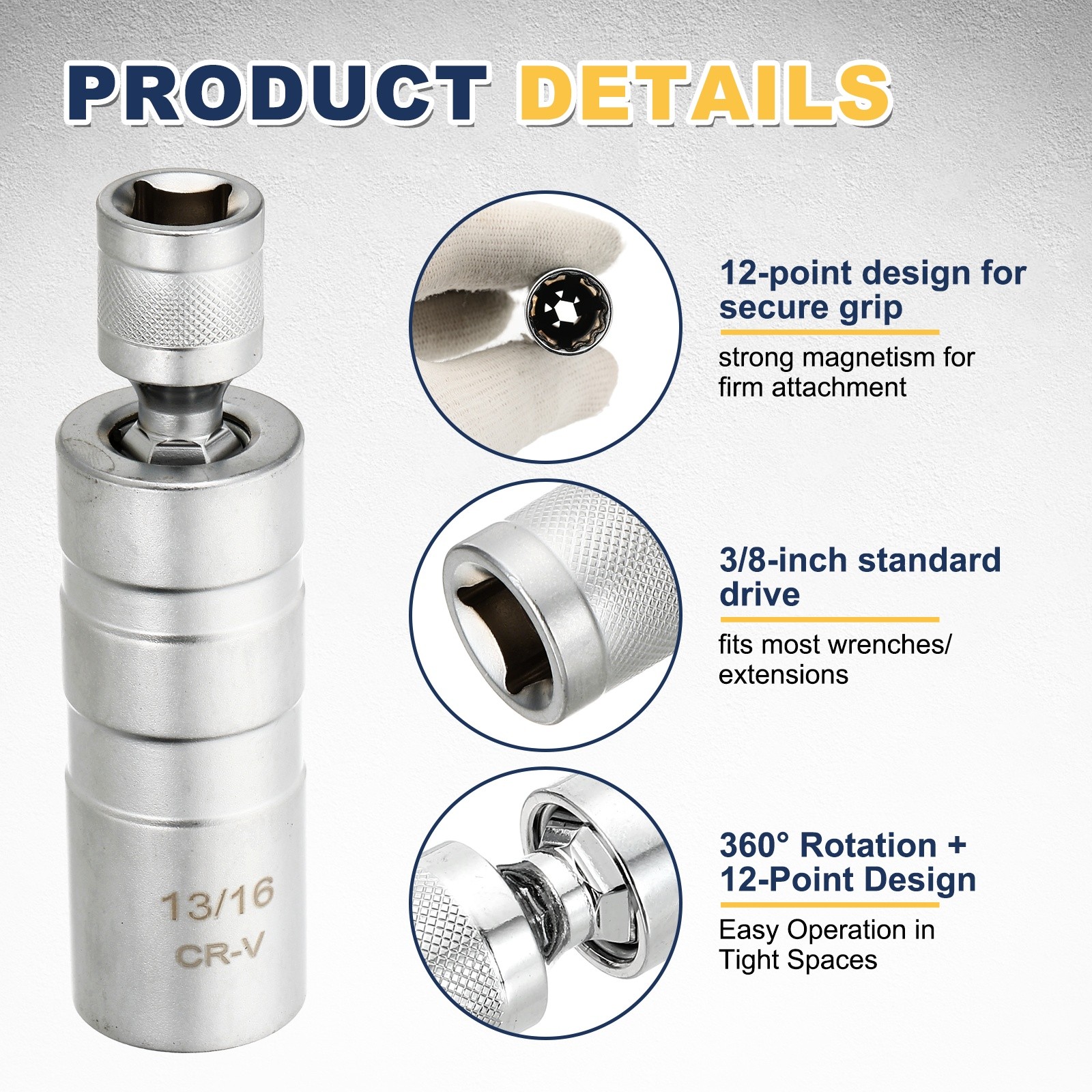 Spark Plug Socket 3/8" Drive 13/16" Swivel Magnetic Thin Wall Silver