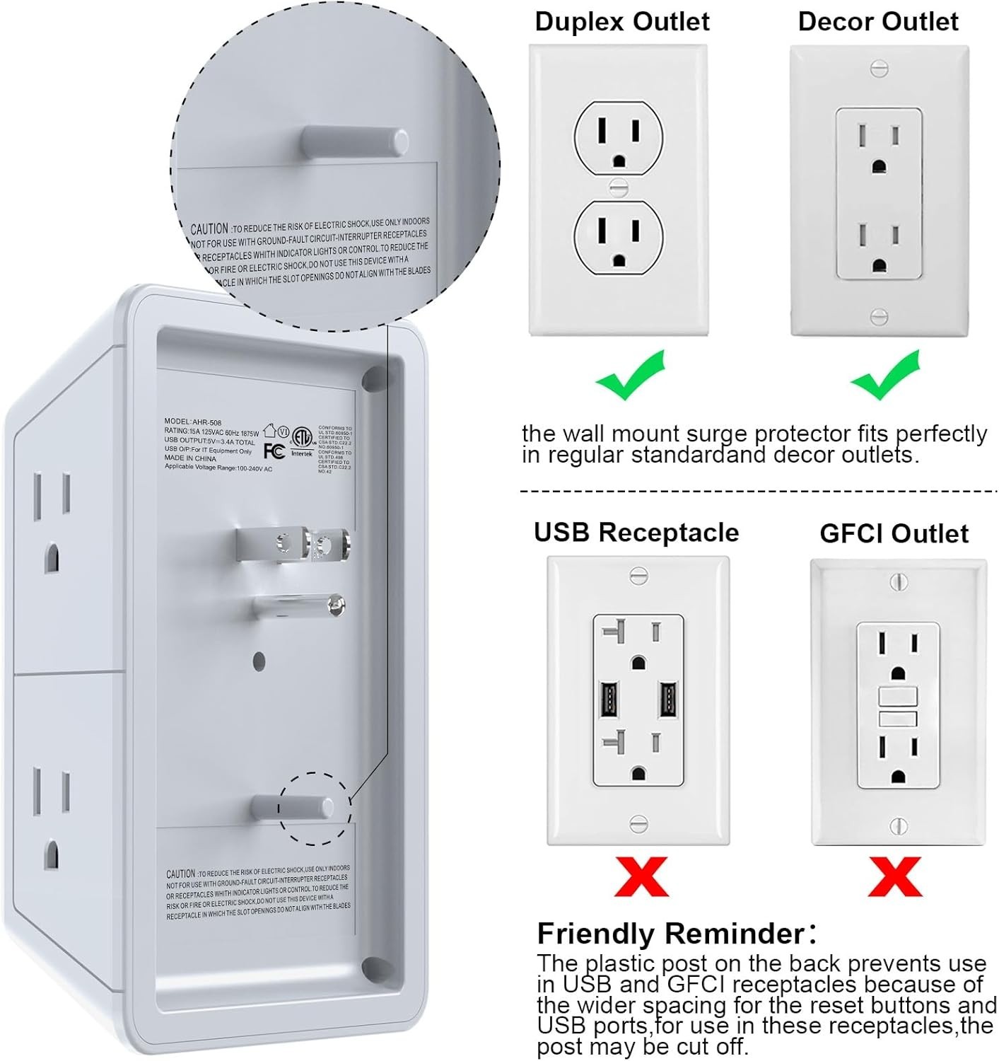 Stylish Grey 6-Outlet Extender with USB Ports & Smart Night Light Function