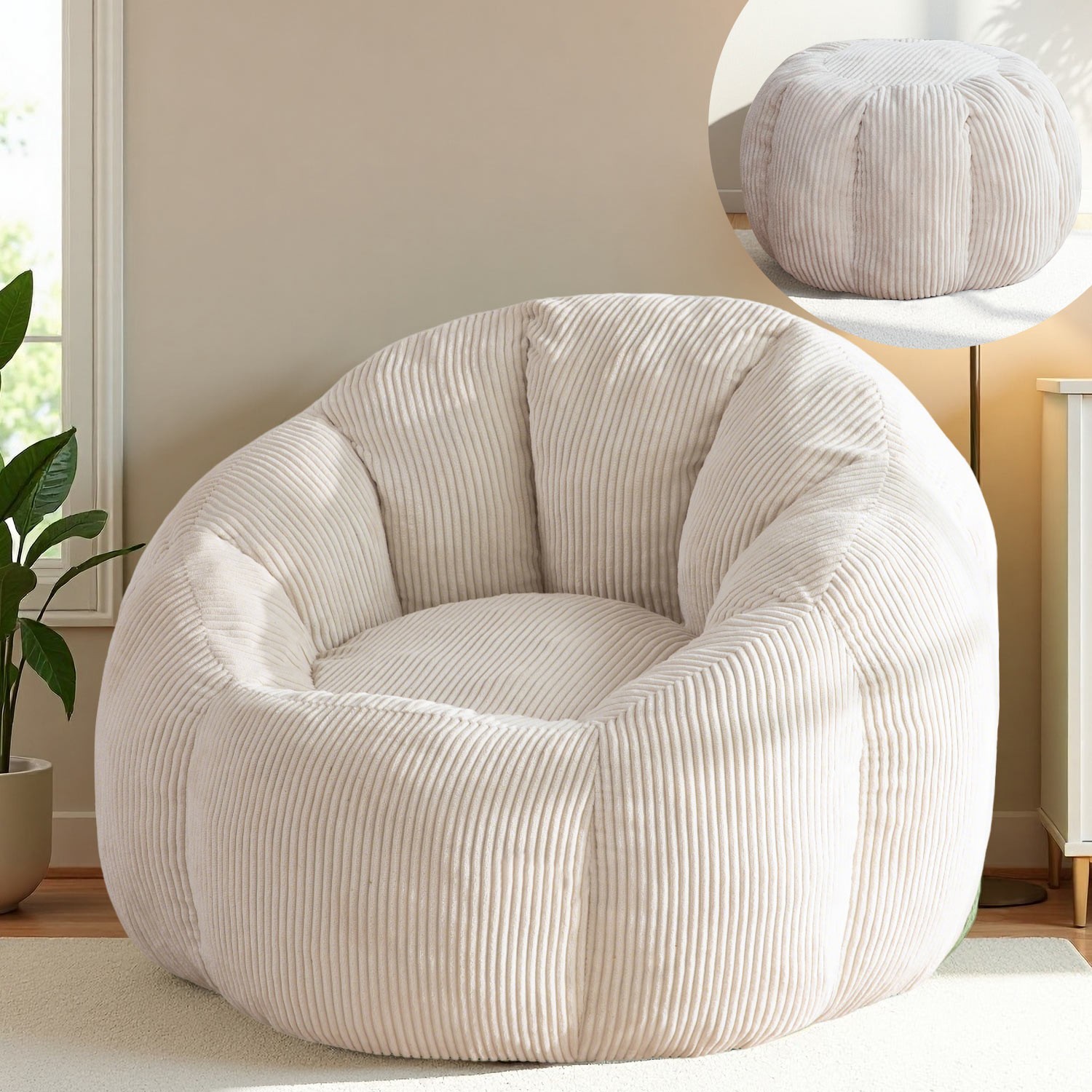 MAXYOYO Bean Bag Chair with Ottoman,Cozy Corduroy Lazy Sofa for Living Room