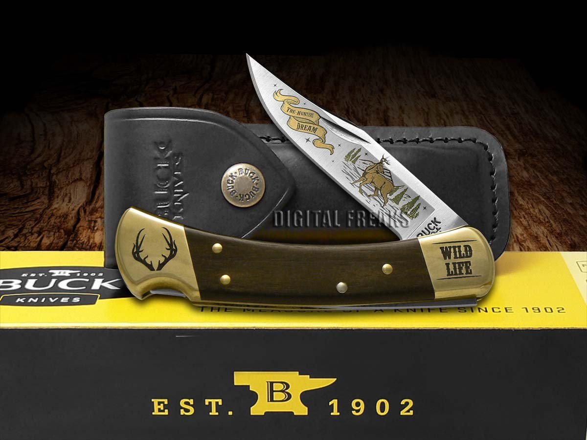 Buck 110 Wild Life Series Deer Folding Hunter Knife Ebony Wood 420HC Stainless