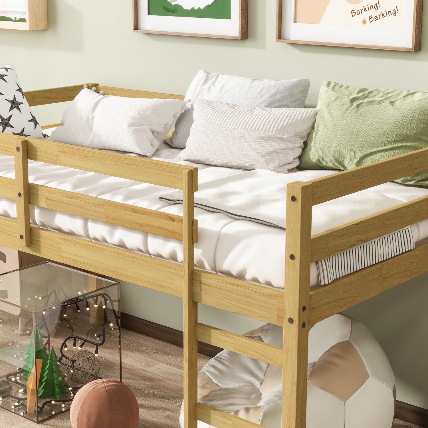 Twin Size Wooden Loft Bed Frame w/ Ladder & Strengthened Slats for Kids Teens