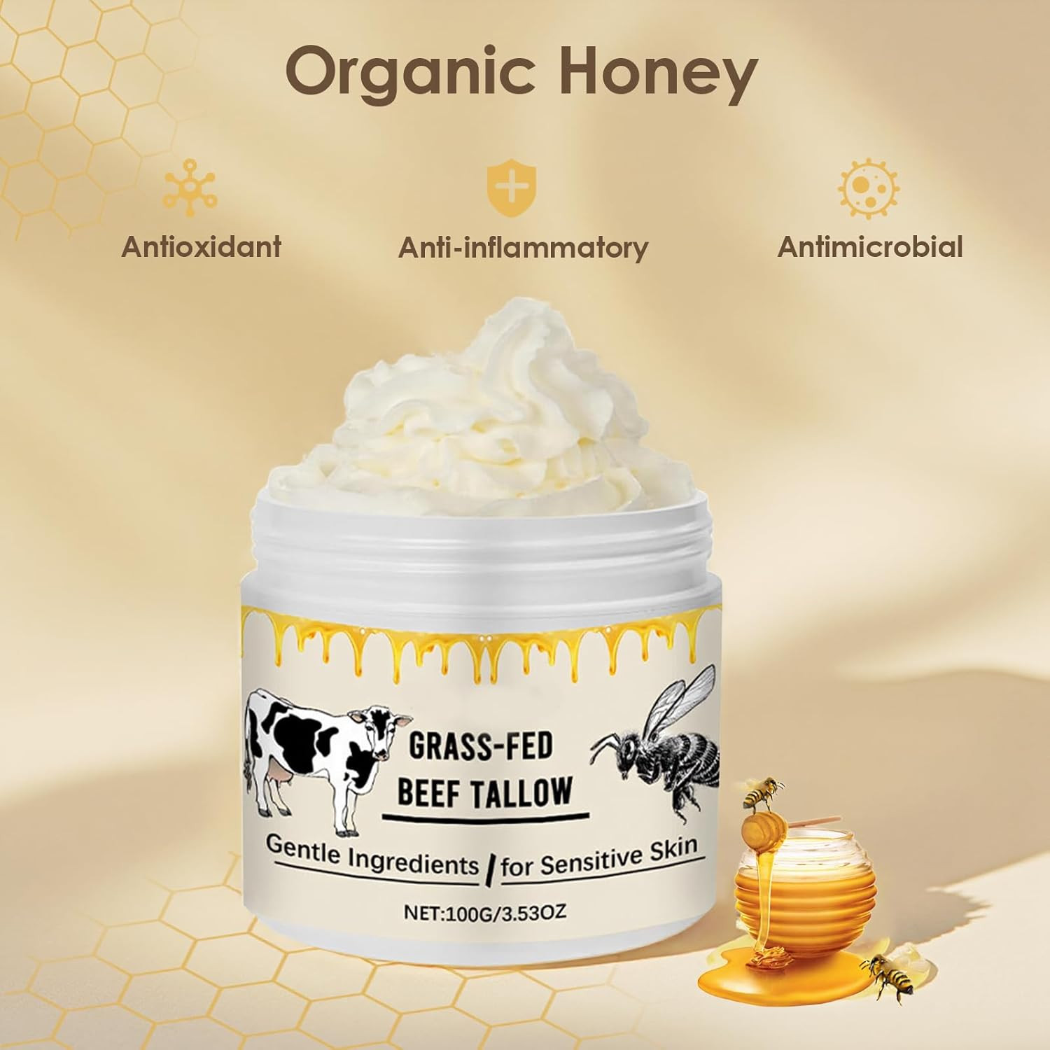 2 Pack Whipped Beef Tallow for Skin Organic Grass Fed Honey Moisturizer