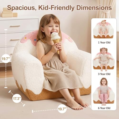 Toddler Chair for Ages 1–6, Soft Sherpa Kids Sofa with Book Pocket & Ice Cream