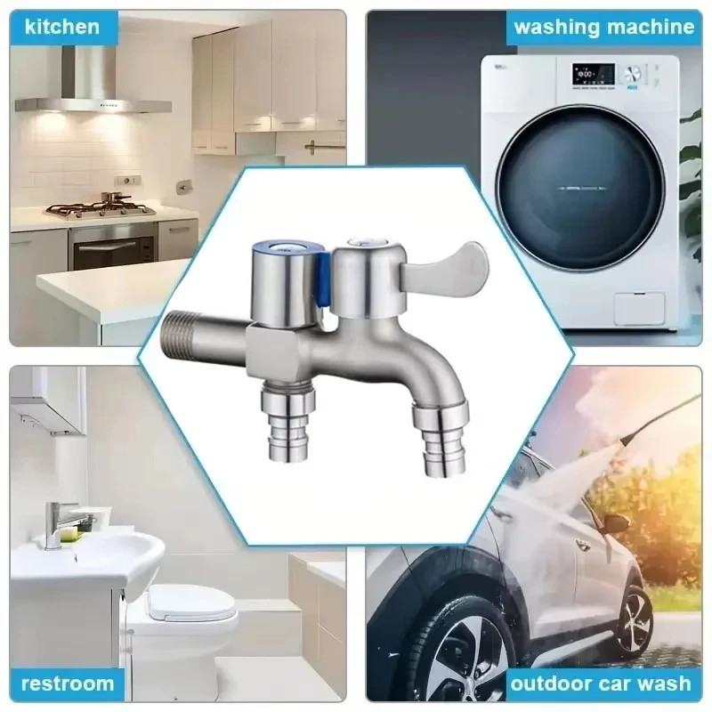 Stainless Steel Faucet Double Outlet Dual Control Water Tap One in Two Out Fauce