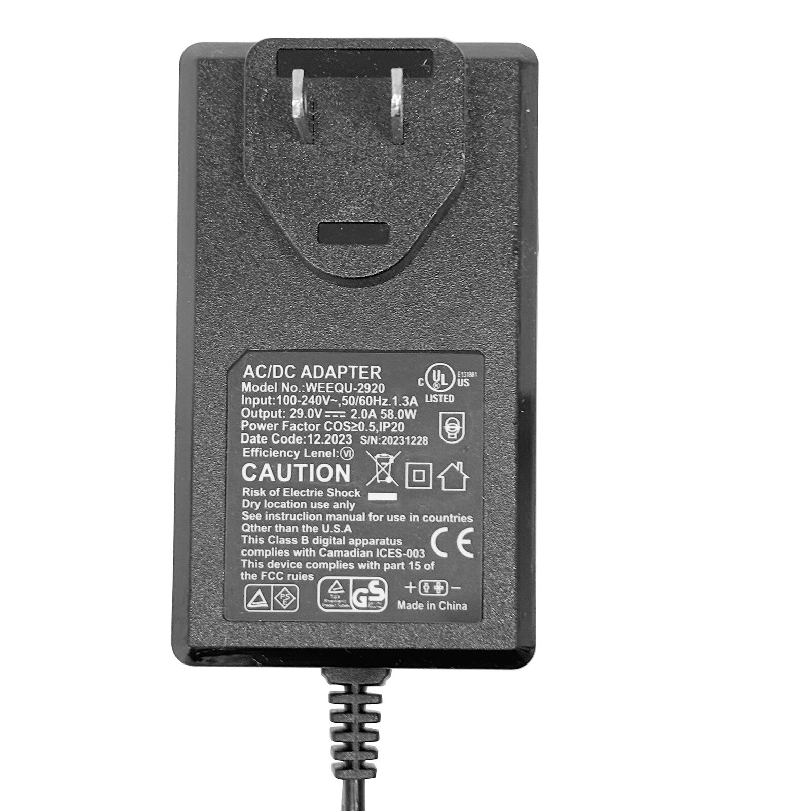 Power Supply for Motion Furniture 29V 2A 58W 90° 2 Prong Plug