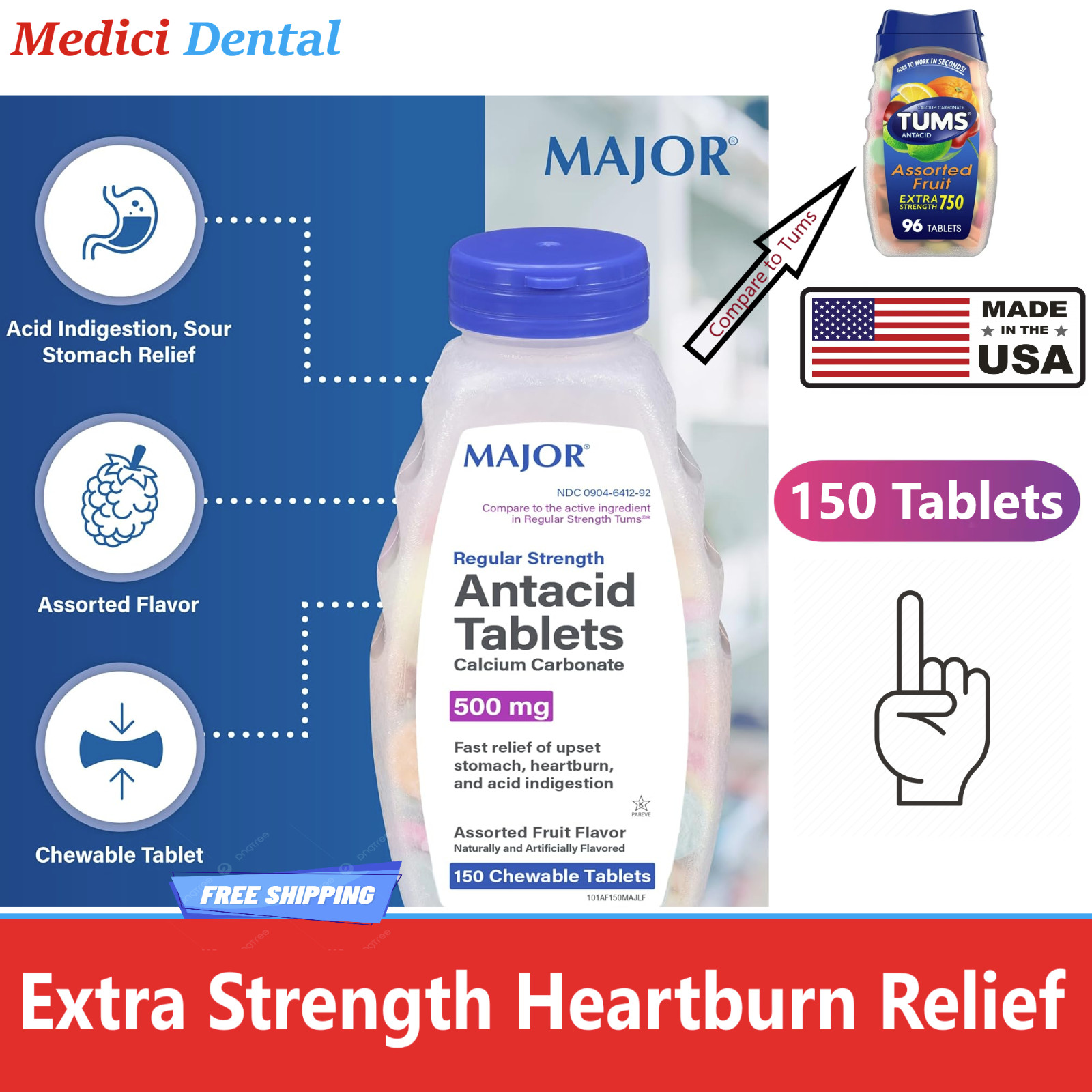 MAJOR Calcium Antacid Tablets, Mixed Fruit, 150/Bx, Type to Tums, From Heartburn
