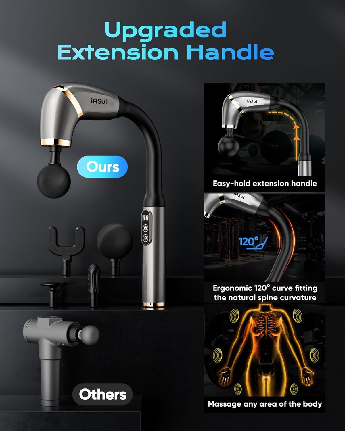 Massage Gun Pro - Extended Handle, 4 Heads, 3 Modes, USB-C Fast Charge