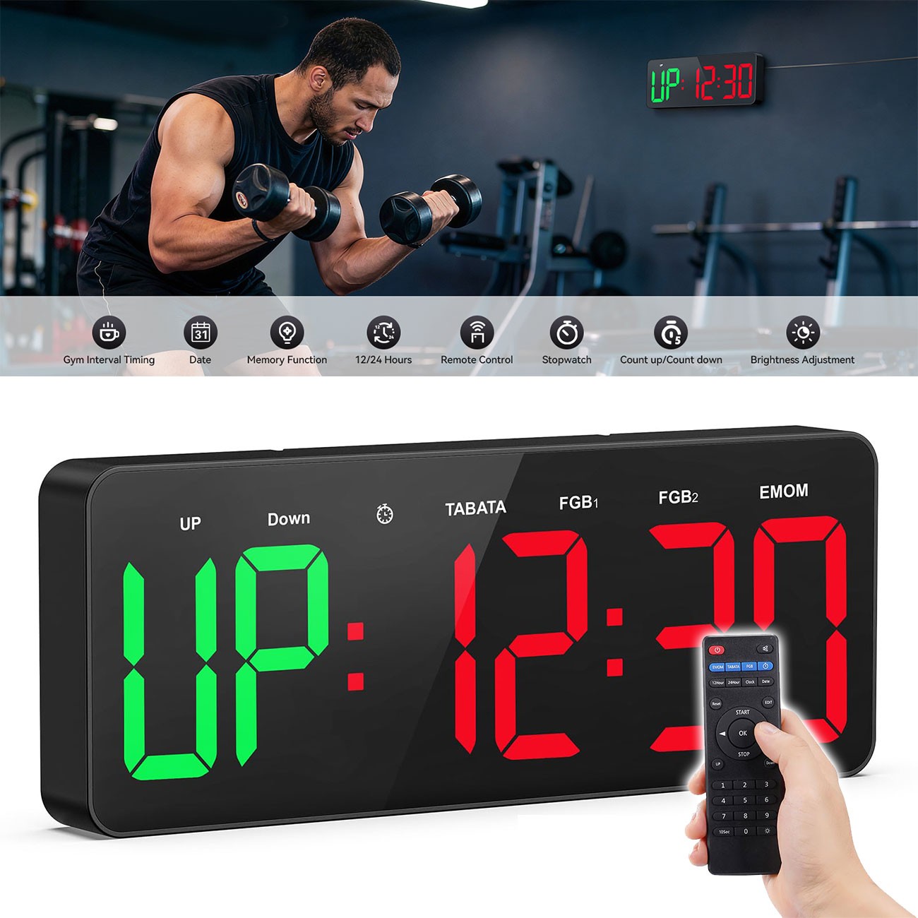 12" LED Gym Timer, Multi-Mode Interval Clock With Remote, Kitchen Timer For Home