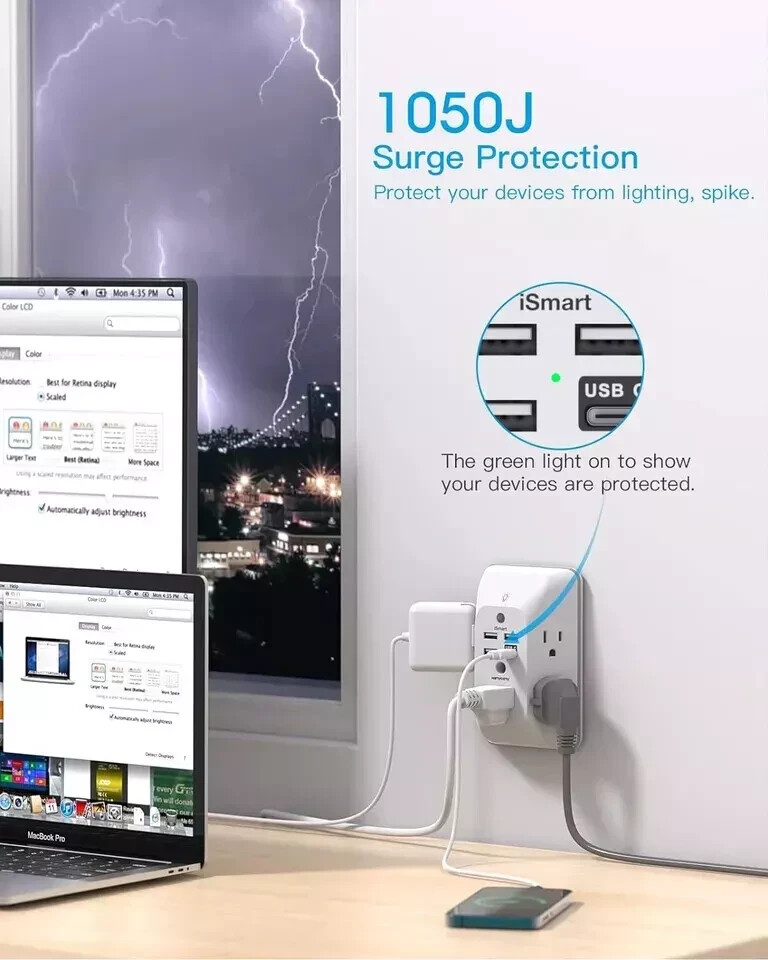 5 Outlet Extender Surge Protector Multi Plug Wall Adapter USB Charger Ports with