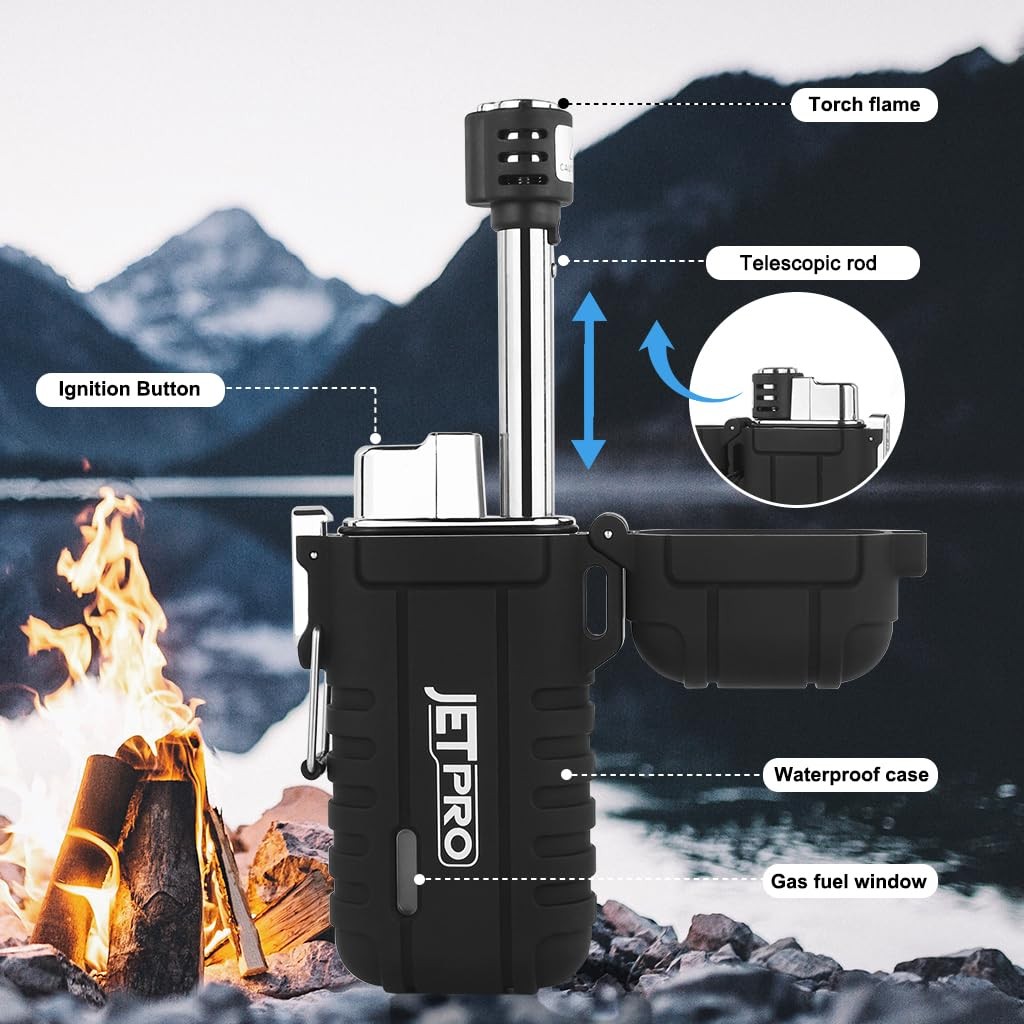 JETPRO Telescopic Refillable Butane Torch Lighter Waterproof Windproof Black