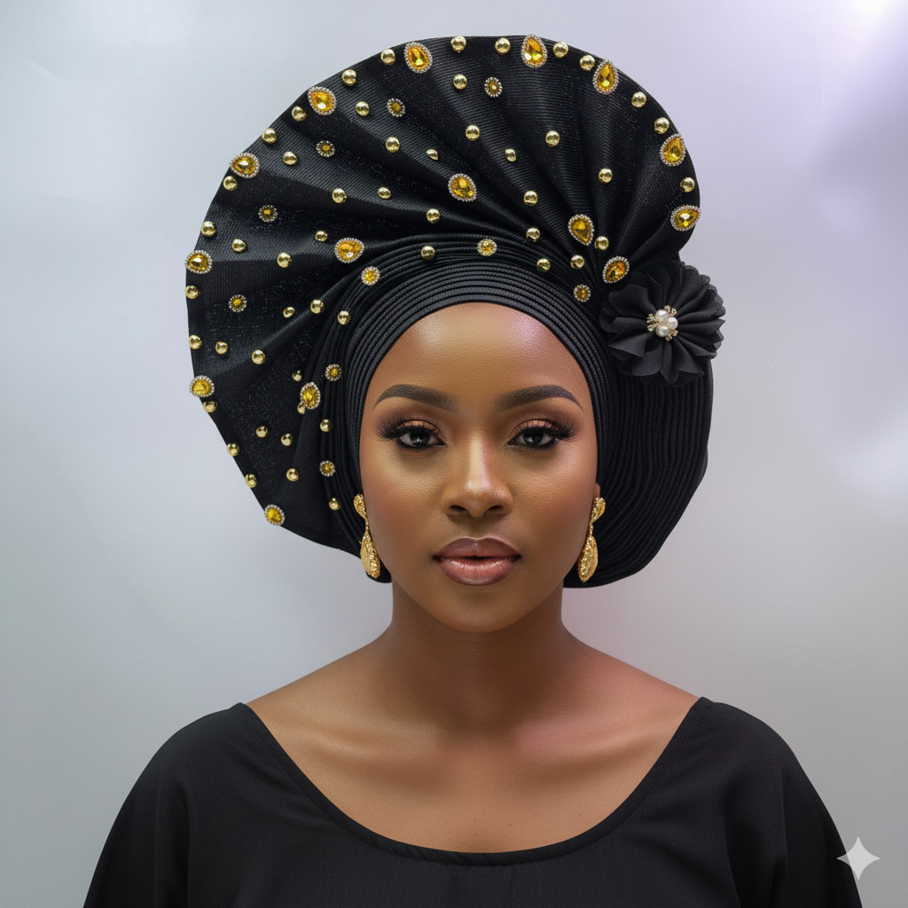 African Gele Fabric Turban Headtie Made Aso-Oke Auto Gele Head Wear Hat Stones