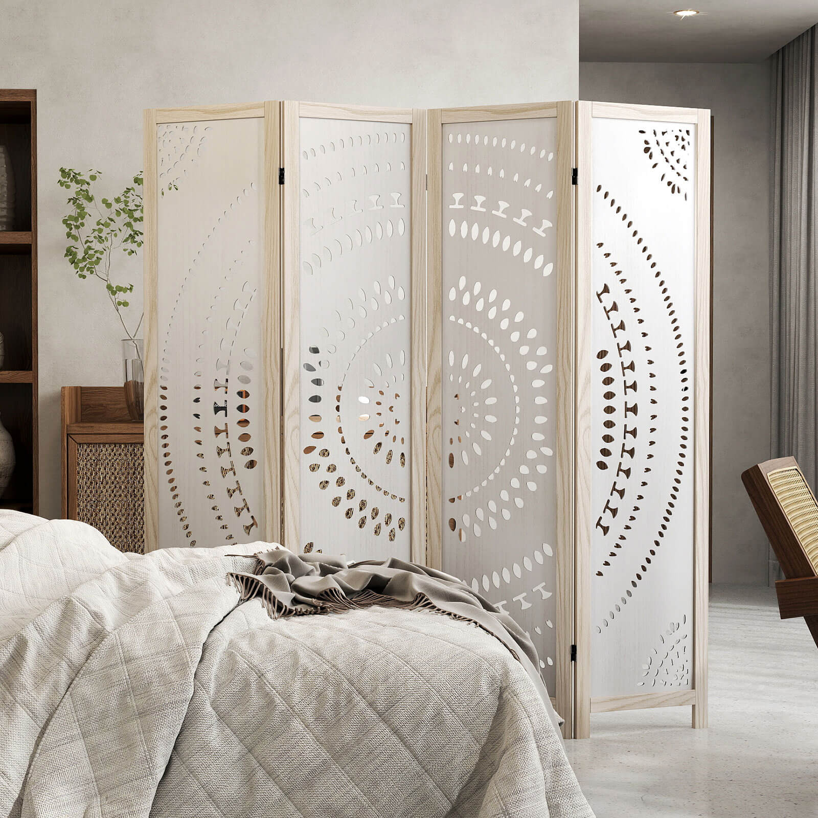66" Boho 4-Panel Room Divider w/ Carved Pattern & Solid Wood Frame 360° Hinges