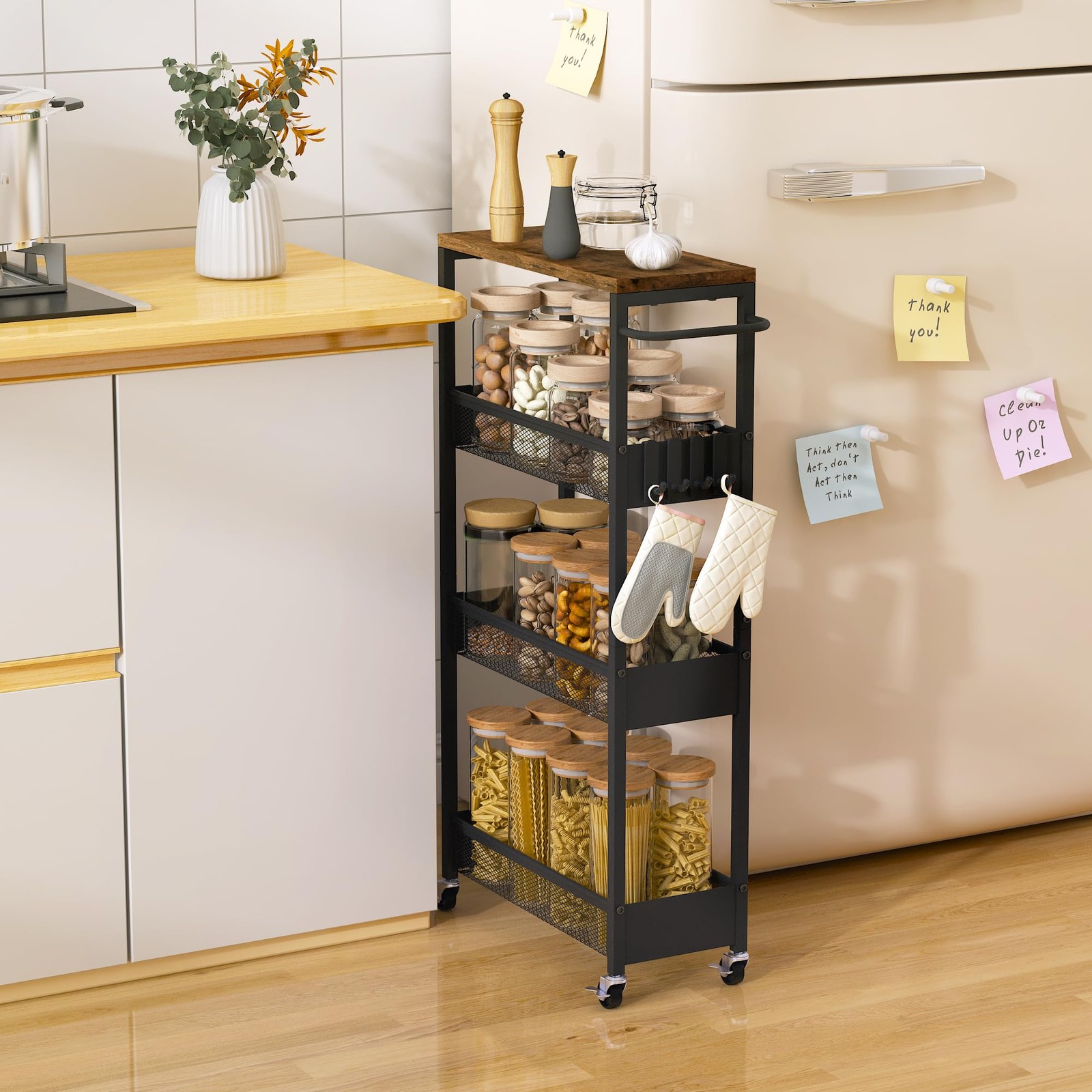 Slim Rolling Utility Cart, 4 Tier Metal Narrow Storage Cart with Handle and W...