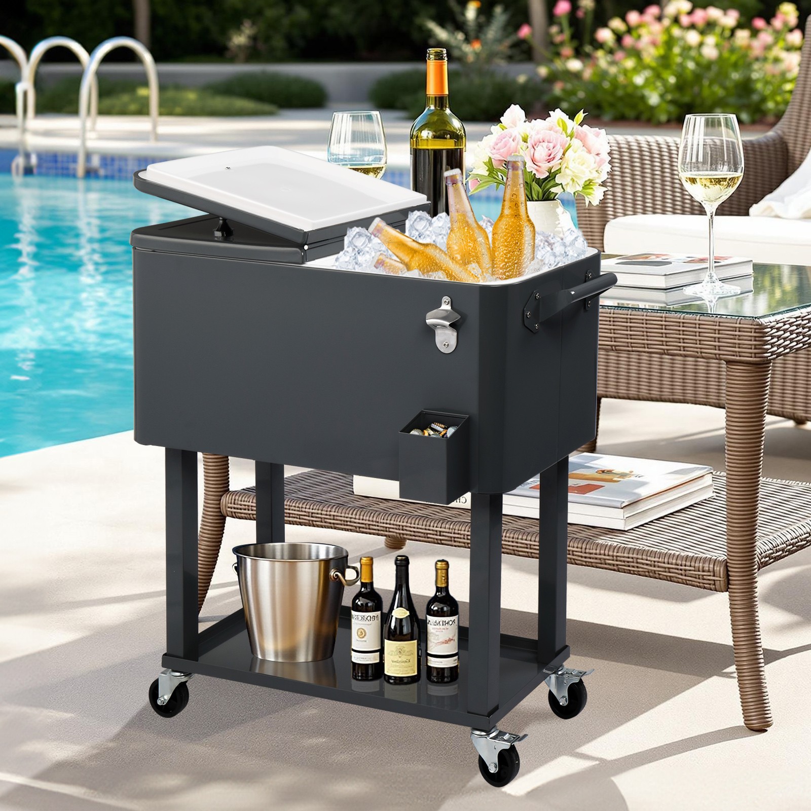 80QT Rectangular Plastic Box, Iron Foot Tube Insulation Cart, Dark Grey