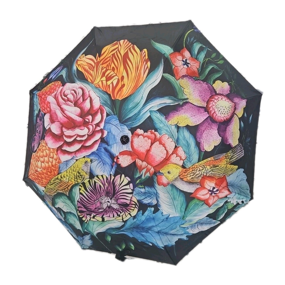 Anuschka Vintage Bouquet Auto Open Close Umbrella UV 50+ Black Floral NWT