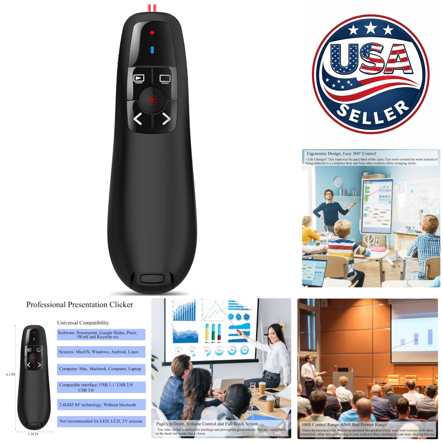 Wireless Presentation Clicker: 100ft Range & 656ft Red Pointer for Professionals