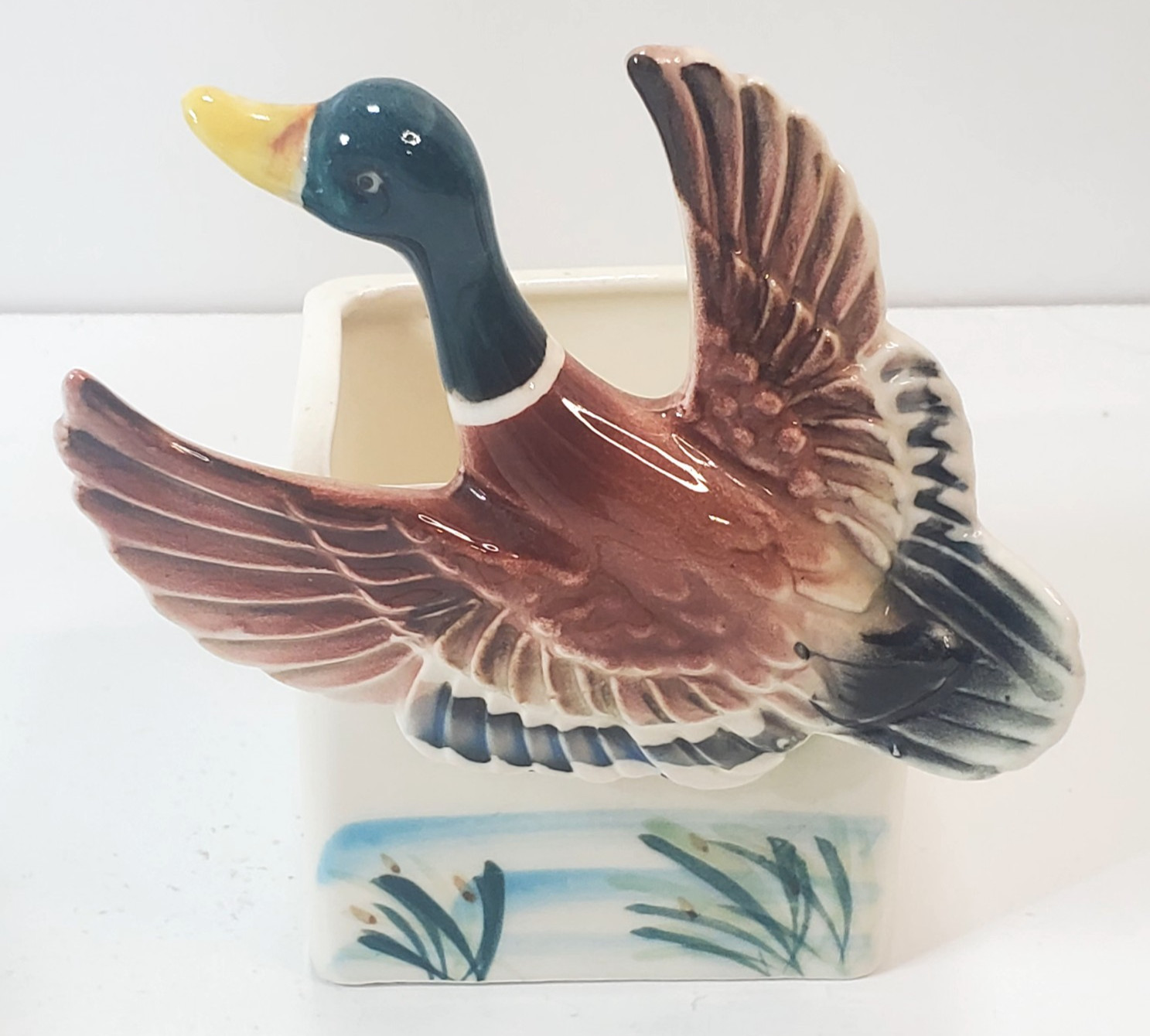 Vintage Glazed Ceramic 3D Mallard Duck Planter Holder Made In Japan MCM