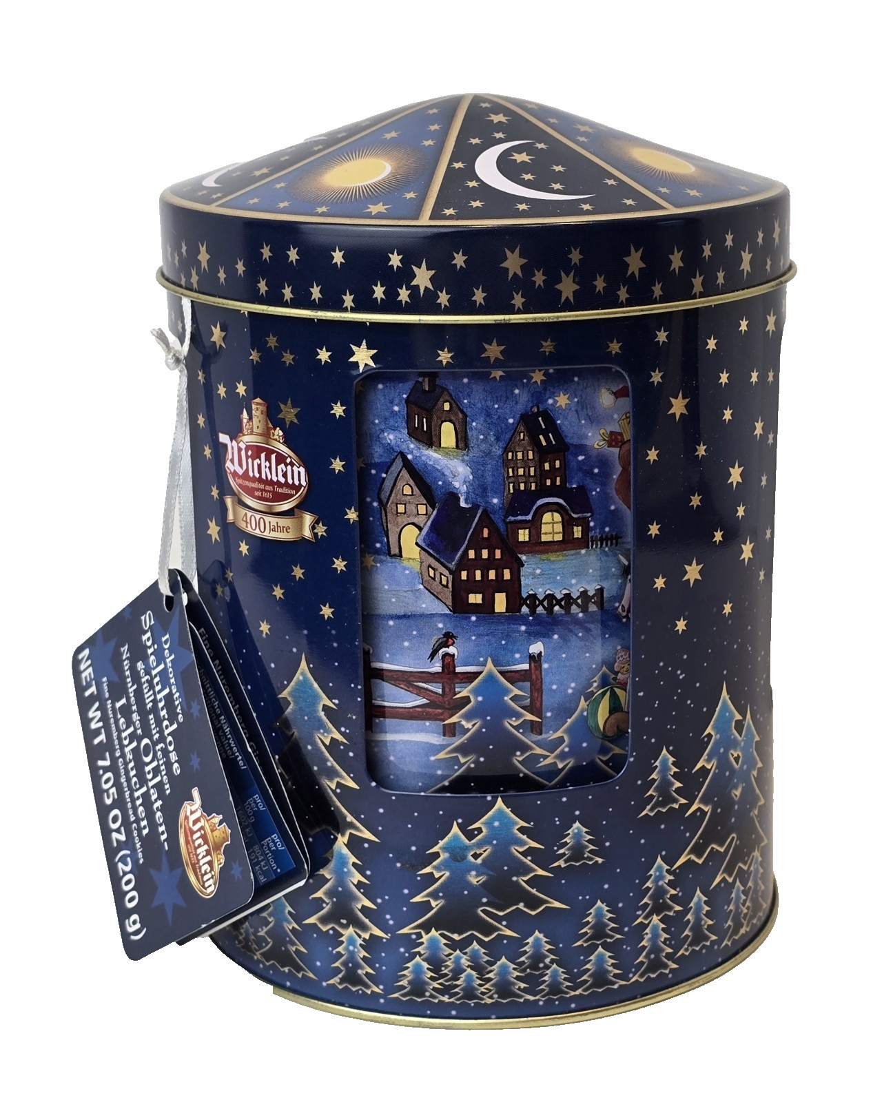 Wicklein Musical Rotating Holiday German Cookie Tin &Tag Plays Let It Snow Empty