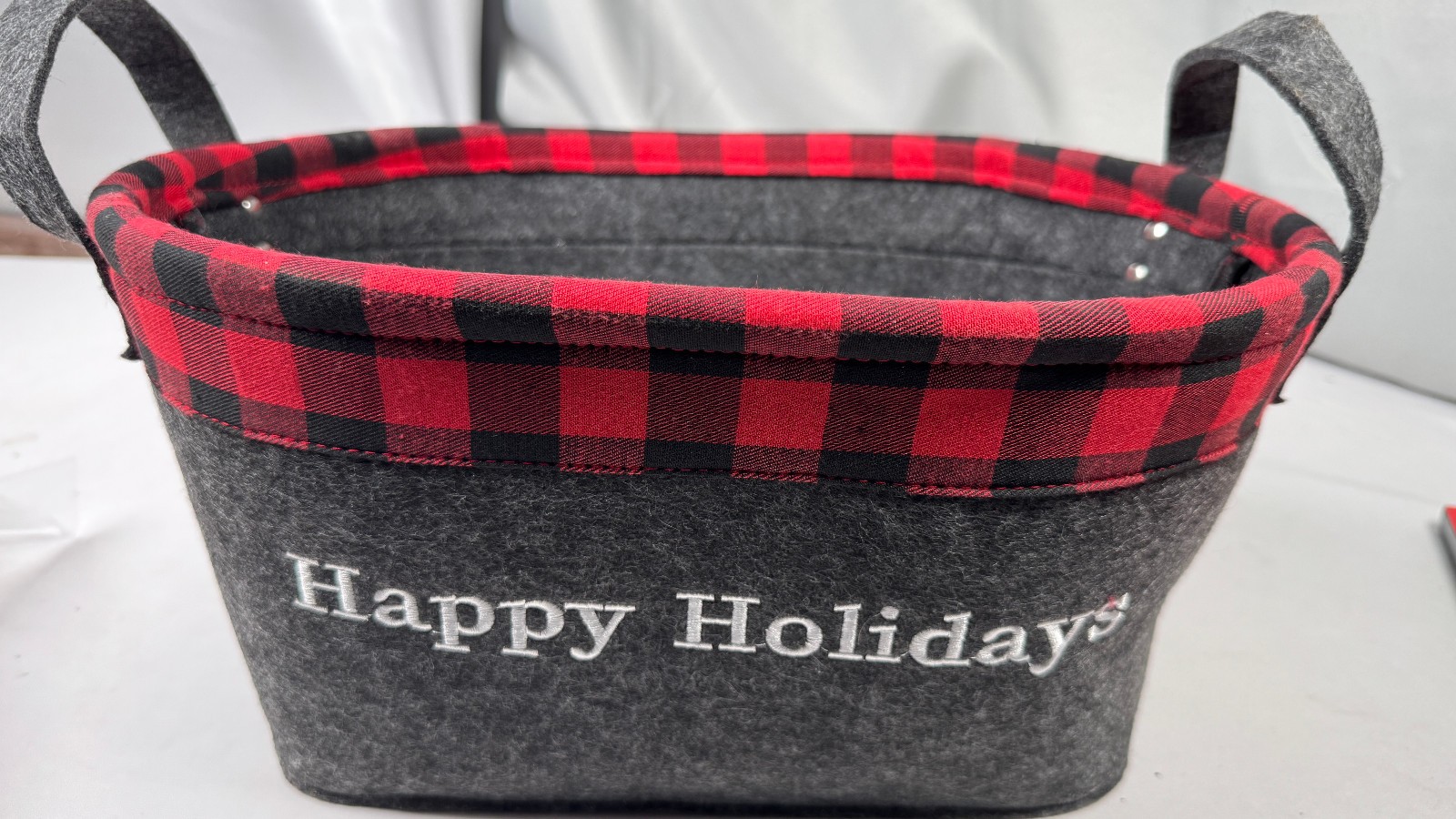 New "Happy Holidays" Buffalo Plaid Felt Storage Basket – 15″ Holiday Bin