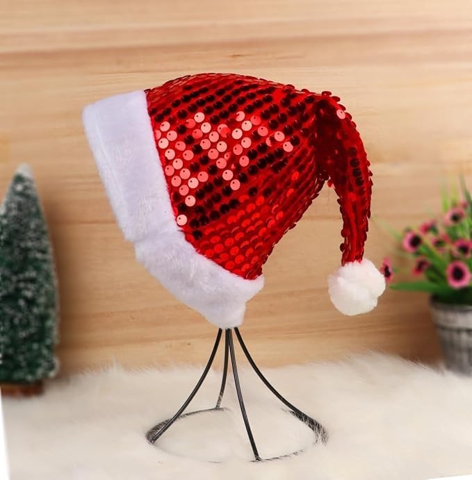 Santa Hat for Adults Unisex New Year Festive Party - Red Sequin