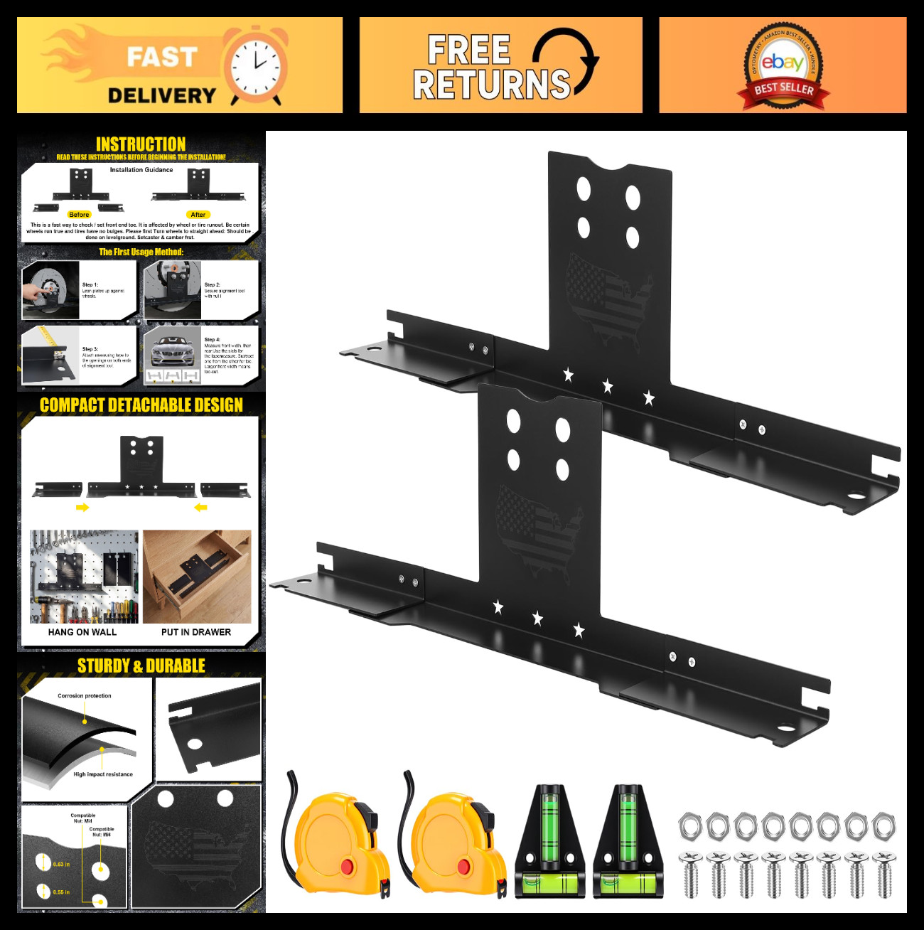 Heavy Duty Wheel Alignment Tool Kit, Toe Alignment Plates & Tape Measure for Car