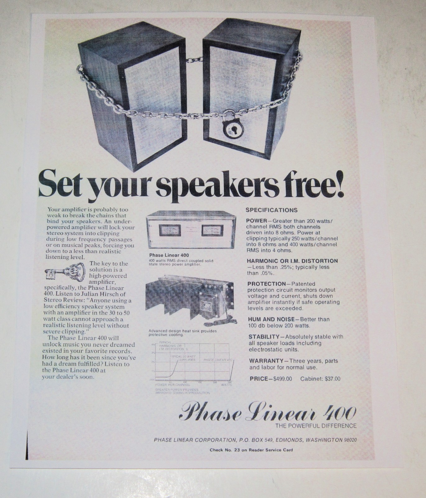 Phase Linear 400 Amplifier Ad, 1 pg, 1974, Article, Specs, Bob Carver Design