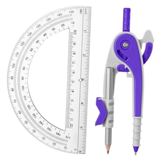 Student Geometry Math Set, Drawing Compass and 6 Inch Clear Swing Arm Purple