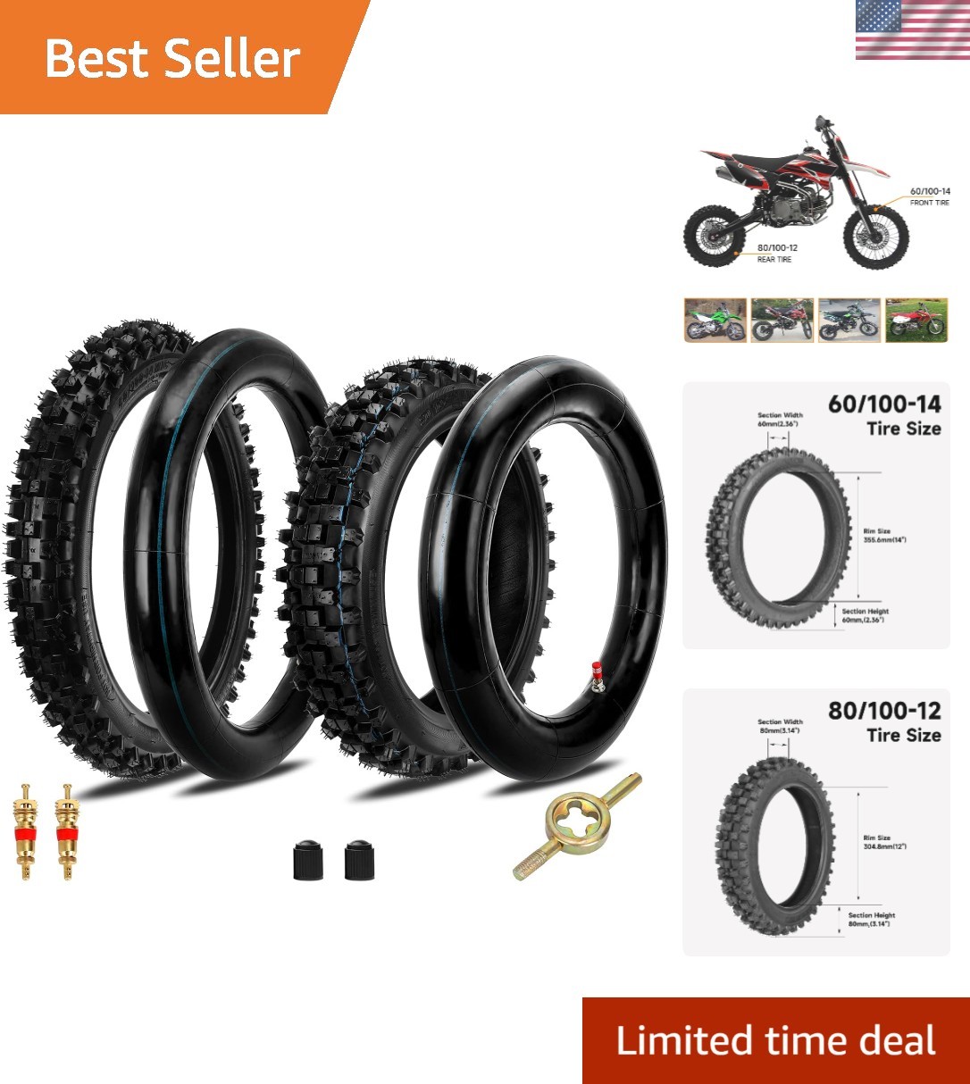 60/100-14 2.50-14 + 80/100-12 3.00-12 Tire and Inner Tube for 90cc 110cc 125c...