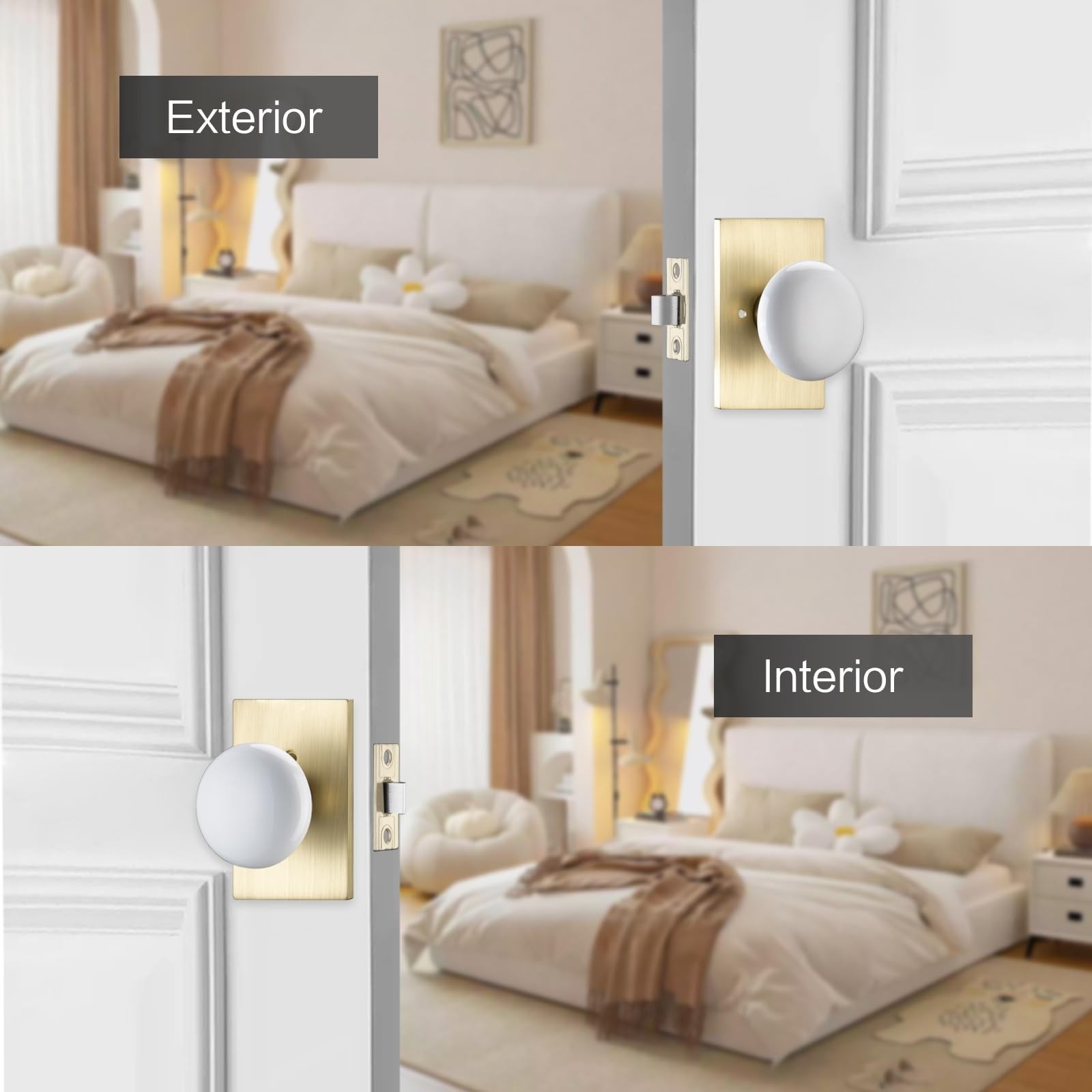 NCL White Door Knob, Satin Brass Porcelain Door Knobs Interior, Rectangle Doo...