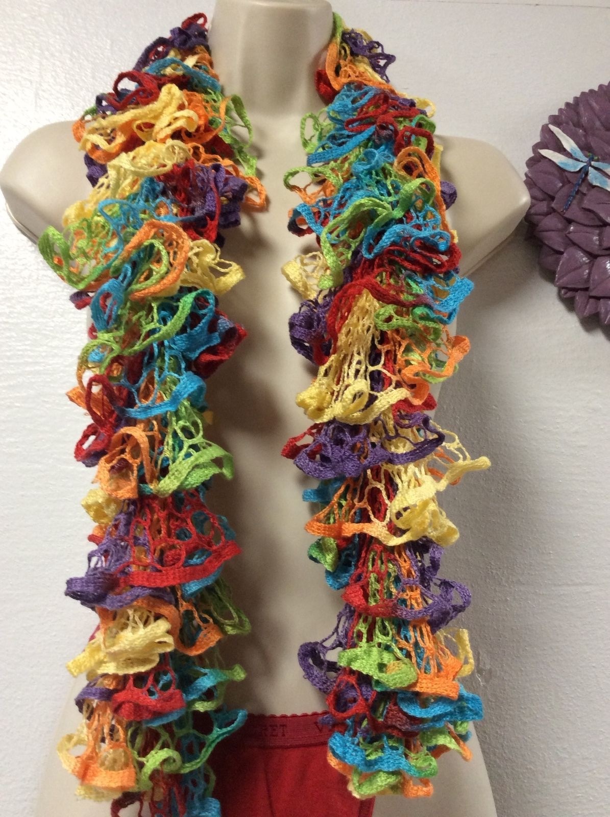 Hand Made Scarf Women or Girls Variegated Red Green Blue Yellow Colorful 143