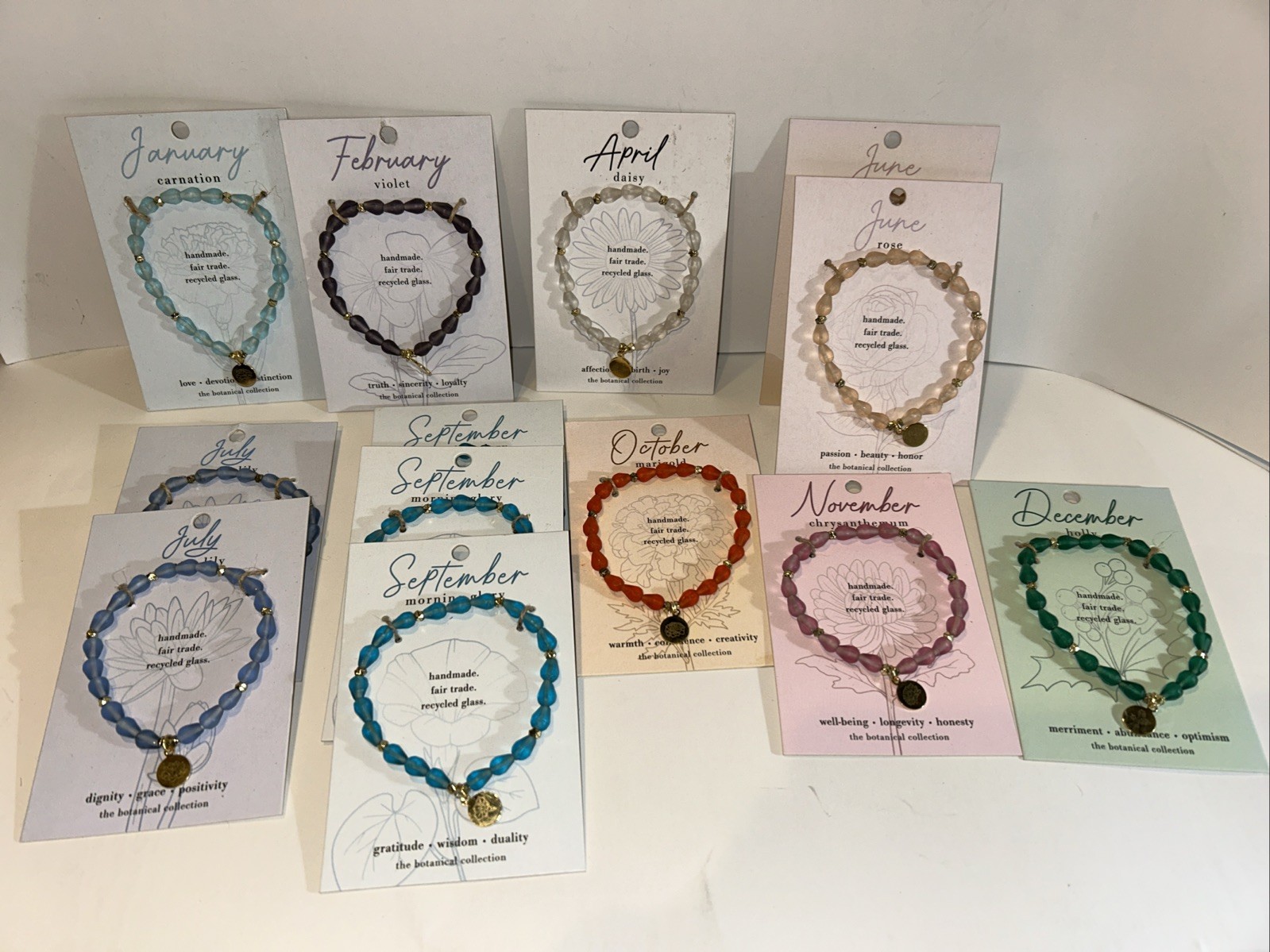 New World Finds Birth Month Flower Glass Bracelet Lot Handmade Recycled Glass