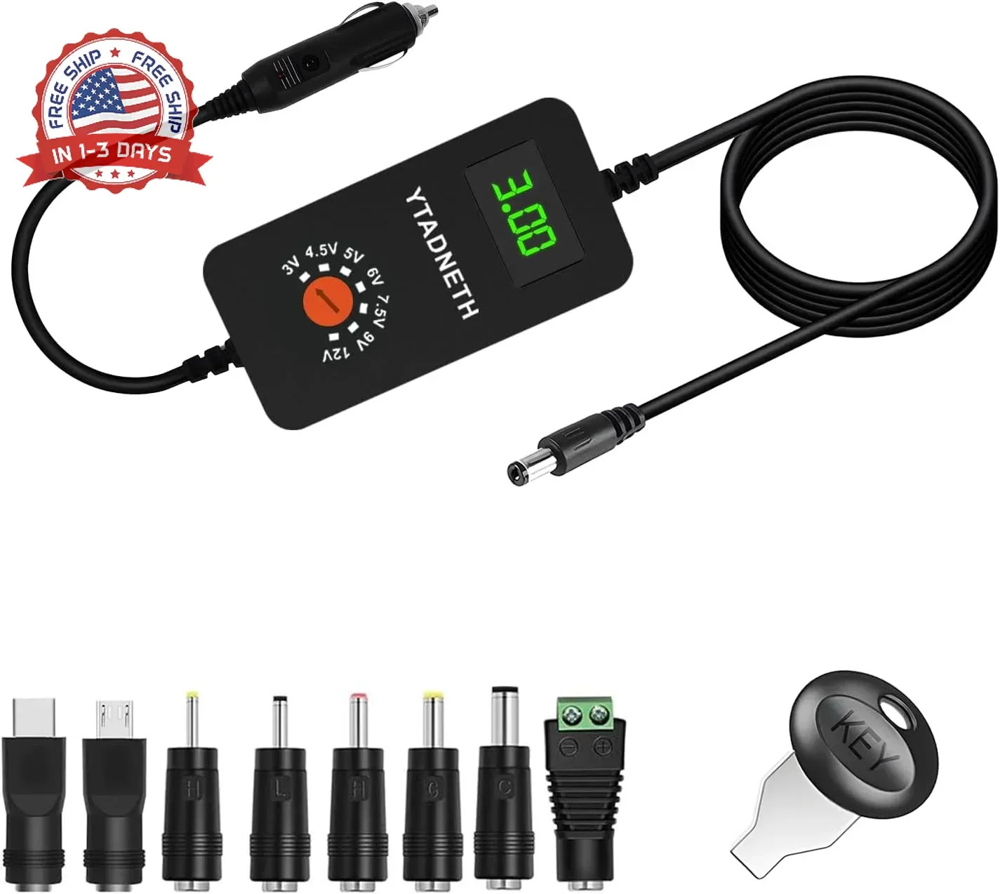 Car Charger Adapter with 3V 4.5V 5V 6V 7.5V 9V 12V Output，LED Display Voltage, A