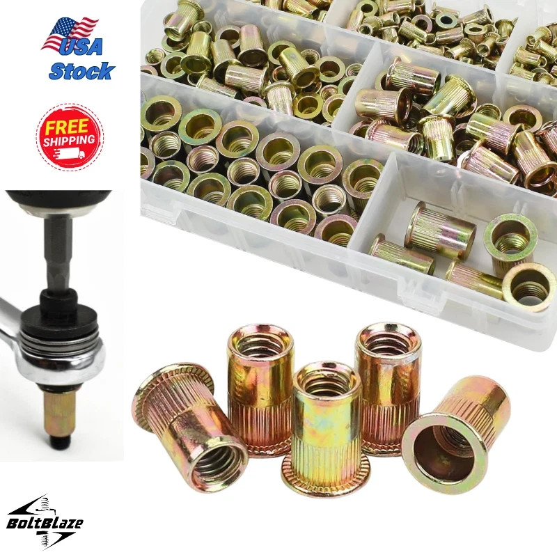 175Pcs Zinc Carbon Steel Rivet Nut Kit – M3-M10, Flat Heads