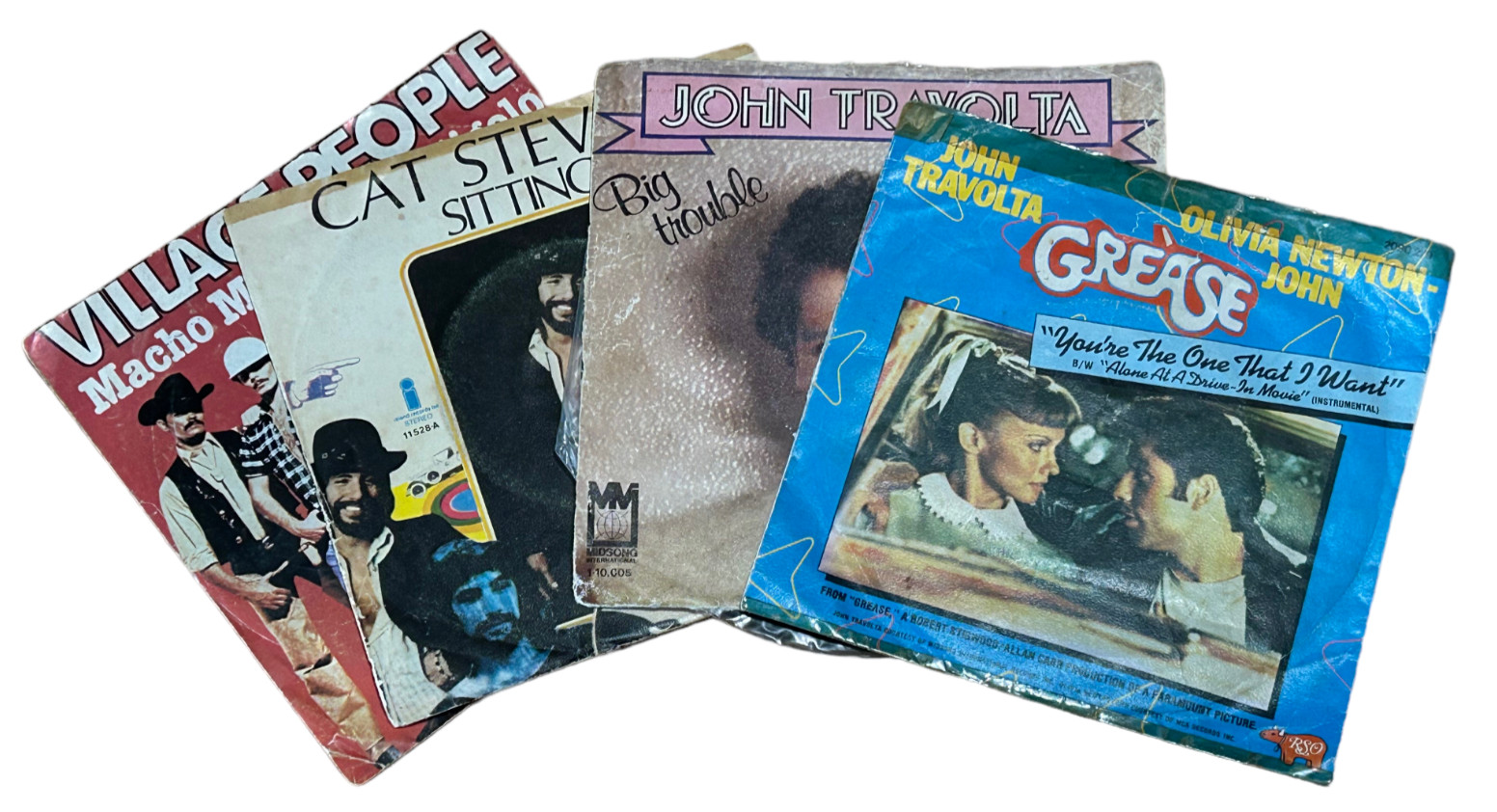 45 rpm, Four Vinyl Records - Grease, Village People, Travolta Made in Portugal