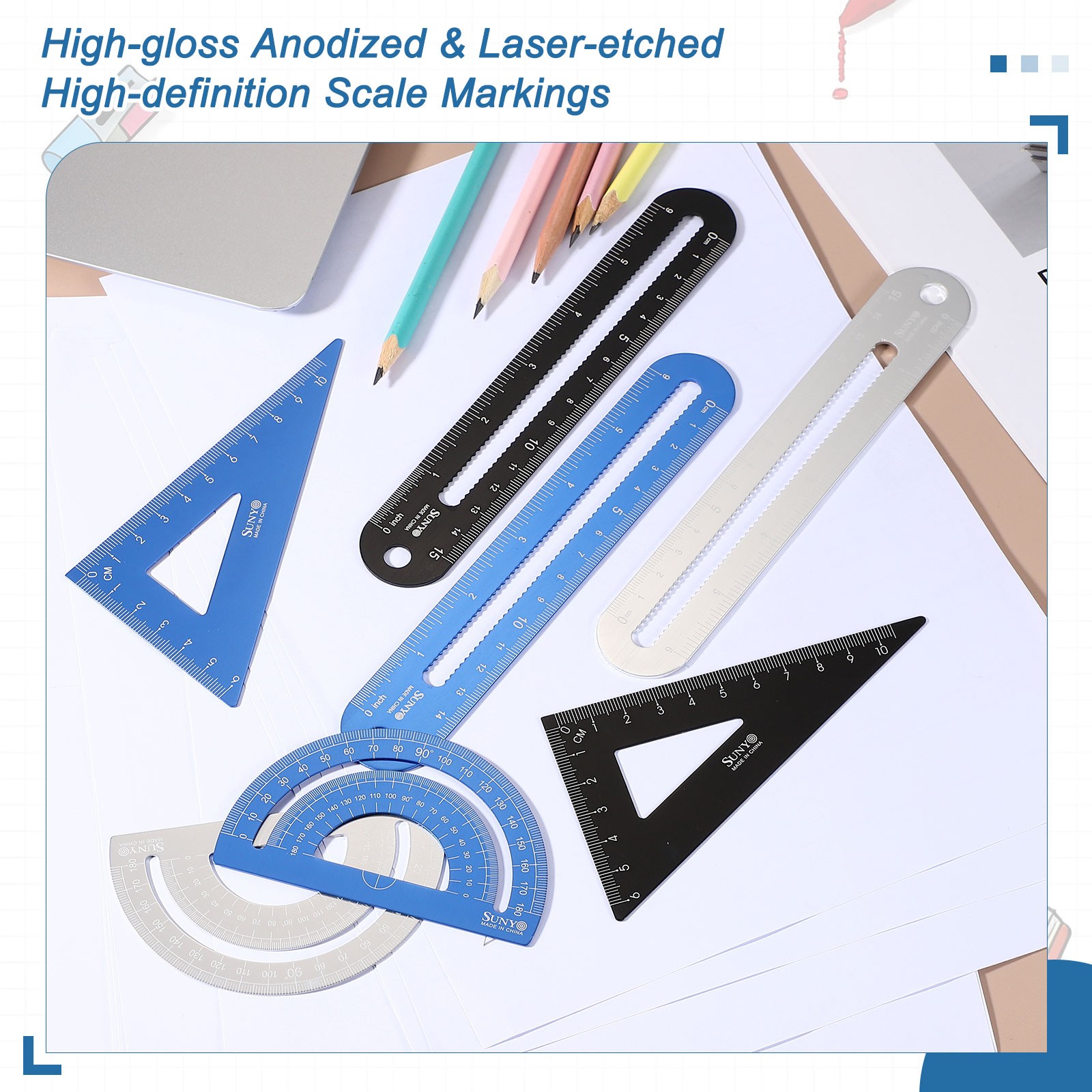 4pcs Triangular Ruler Set 15cm/6" Aluminum Ruler Protractor Silver White