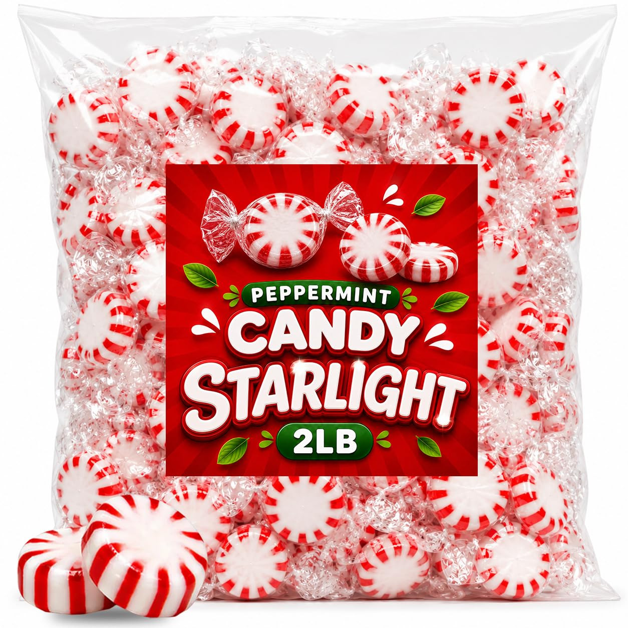 Peppermint Starlight Candy Bulk 2 LB | Individually Wrapped Hard Candy | Red ...