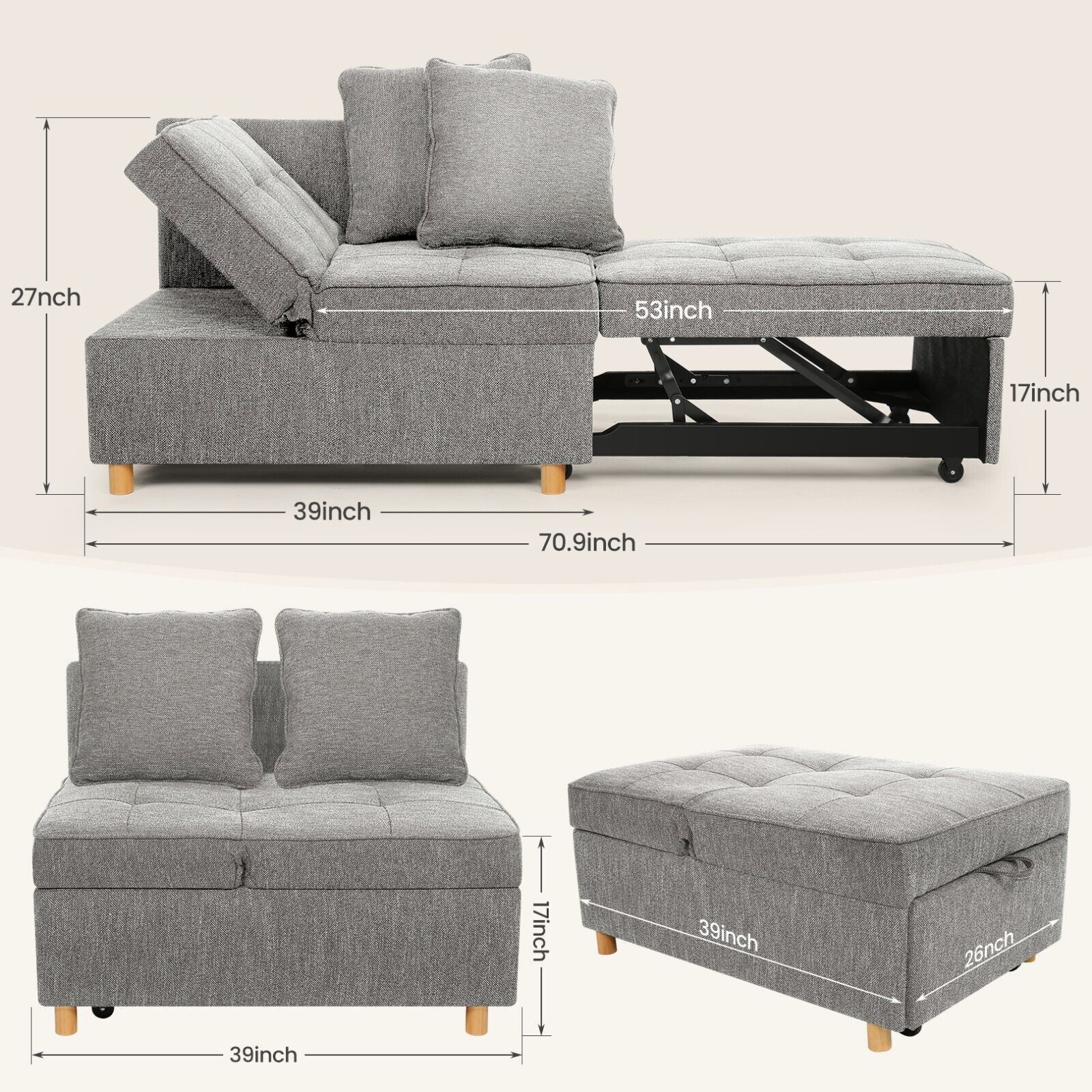 Sofa Bed Chair,4-in-1 Convertible Chair Bed Folding Single Recliner Sleeper Sofa