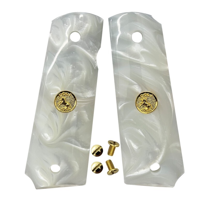 1911 Grips Full Size fit Colt Springfield Grips White Pearl W/Gold Horse+Screws