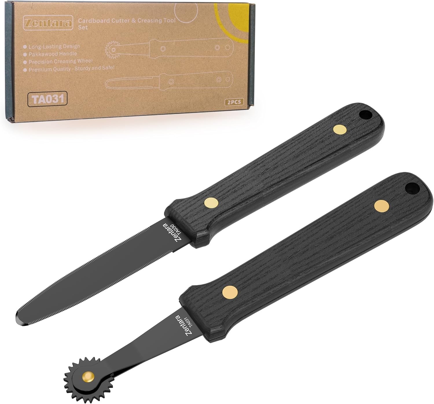 2 Pc Cardboard Tool Set Full Tang Stainless, Cut Knife Creasing Wheel Wood