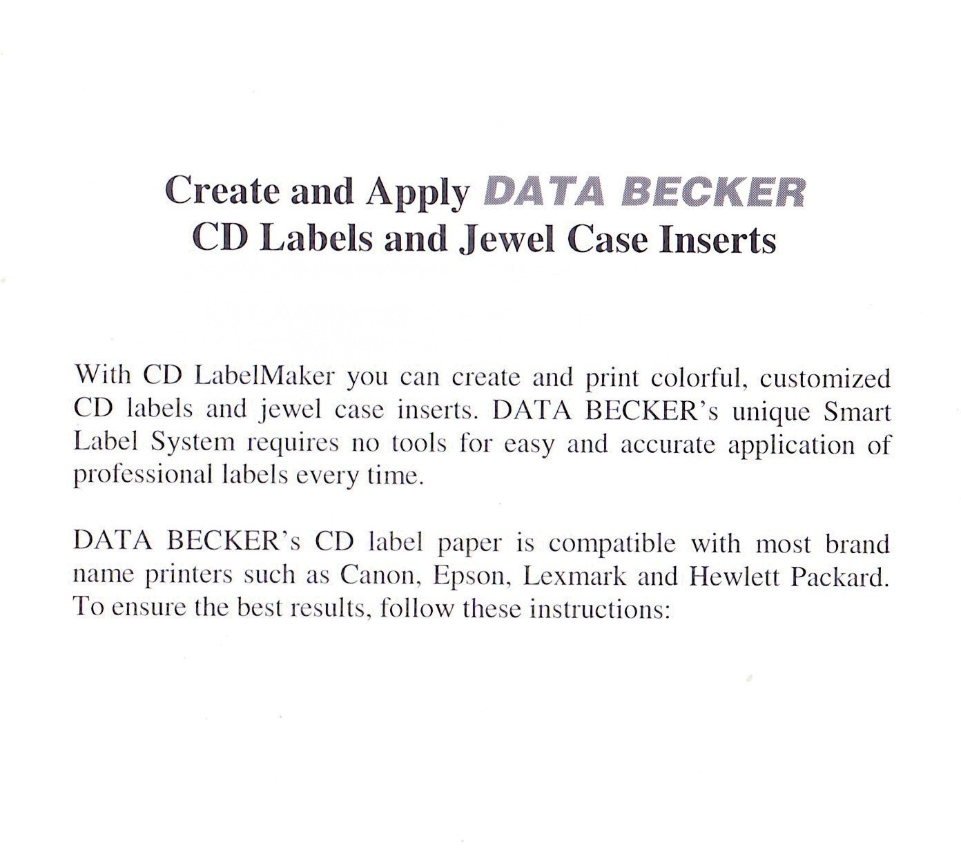 DATA BECKER CD LABEL MAKER OPEN BOX WITH MANUAL WINDOWS 95/98