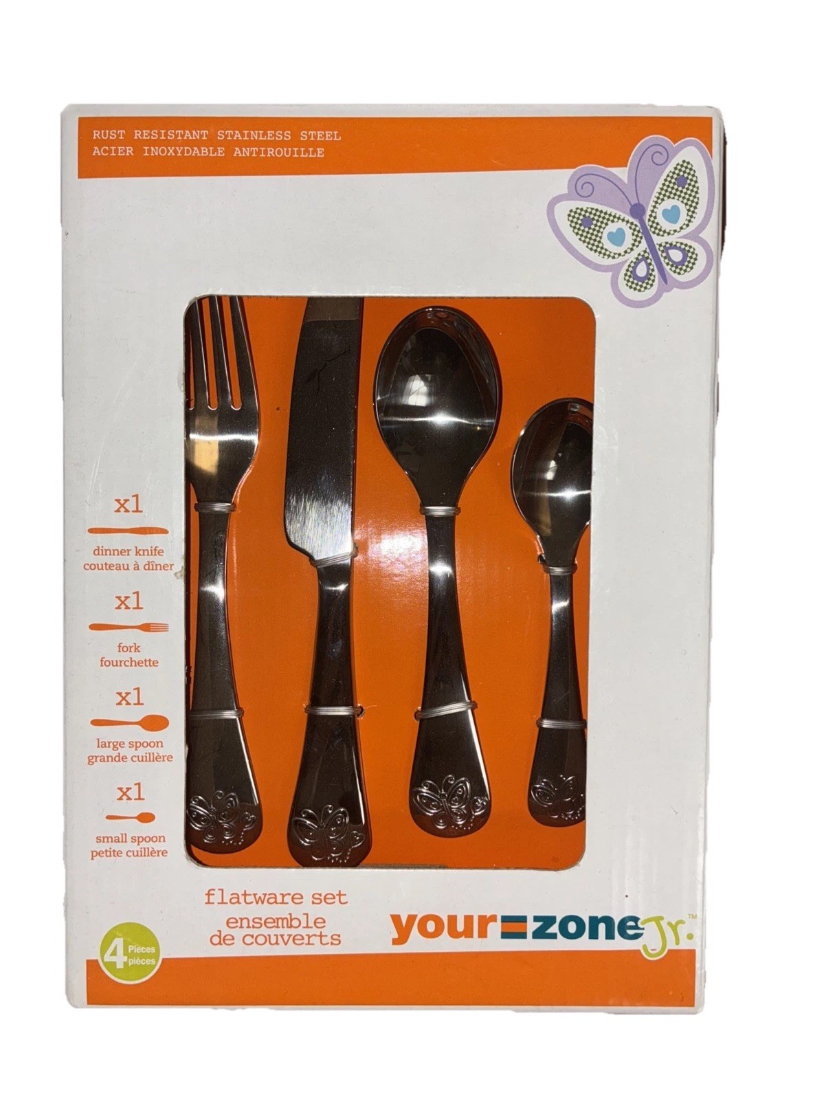 Your Zone Jr Kids Flatware Set Butterfly Stainless Steel 4 Pc NEW