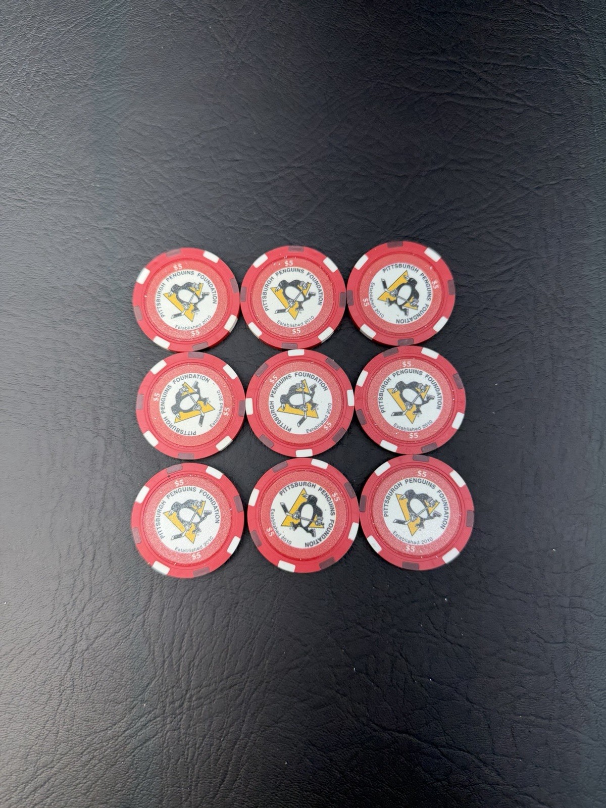 Rare Pittsburgh Penguins Charity $5 Dollar Poker Chips Set Of 9 Chips Red