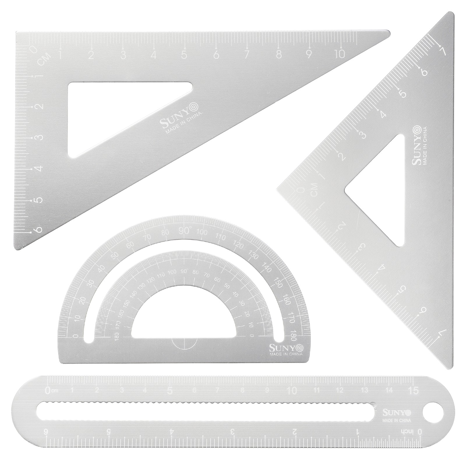 4pcs Triangular Ruler Set 15cm/6" Aluminum Ruler Protractor Silver White