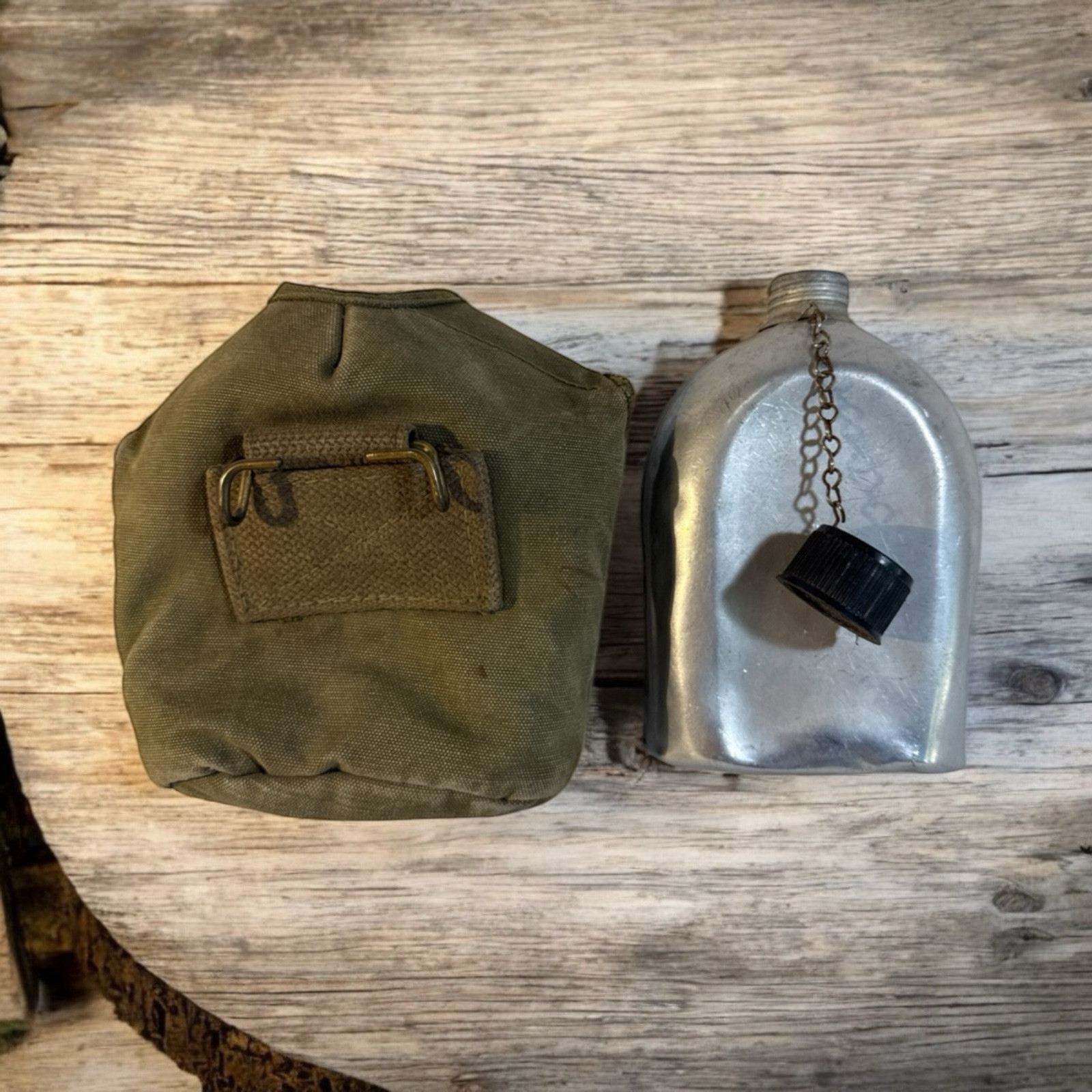 Vintage Military Aluminum Canteen Flask Made in Taiwan with Cover Green