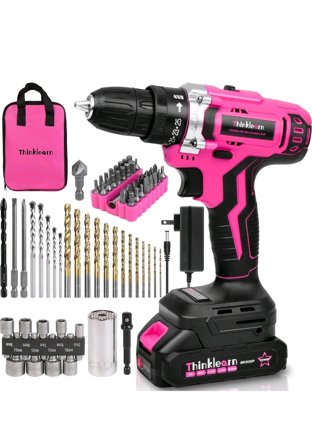20V Pink Cordless Drill Power Drill Set Battery Charger 67 Pieces