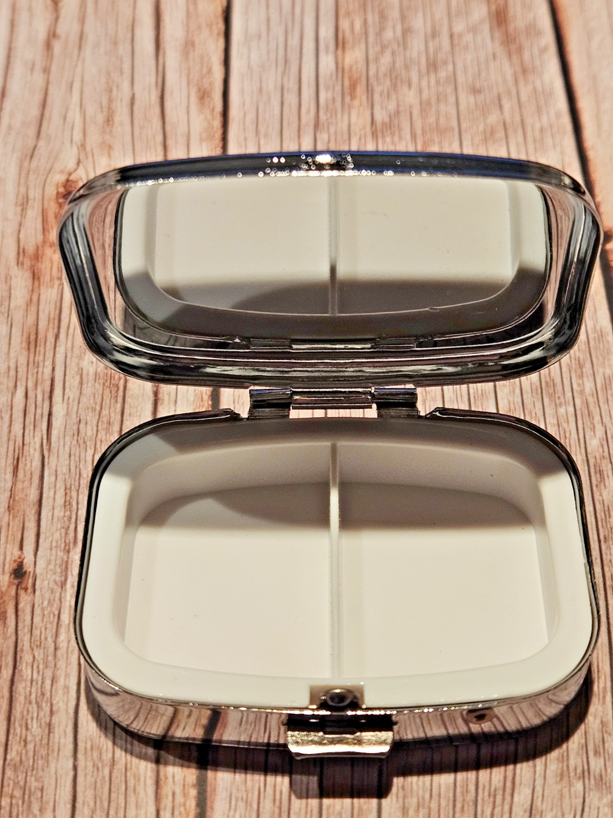 Hibiscus Pill Box 2 Compartment Silver Tone Rectangular New Stained Gass Style