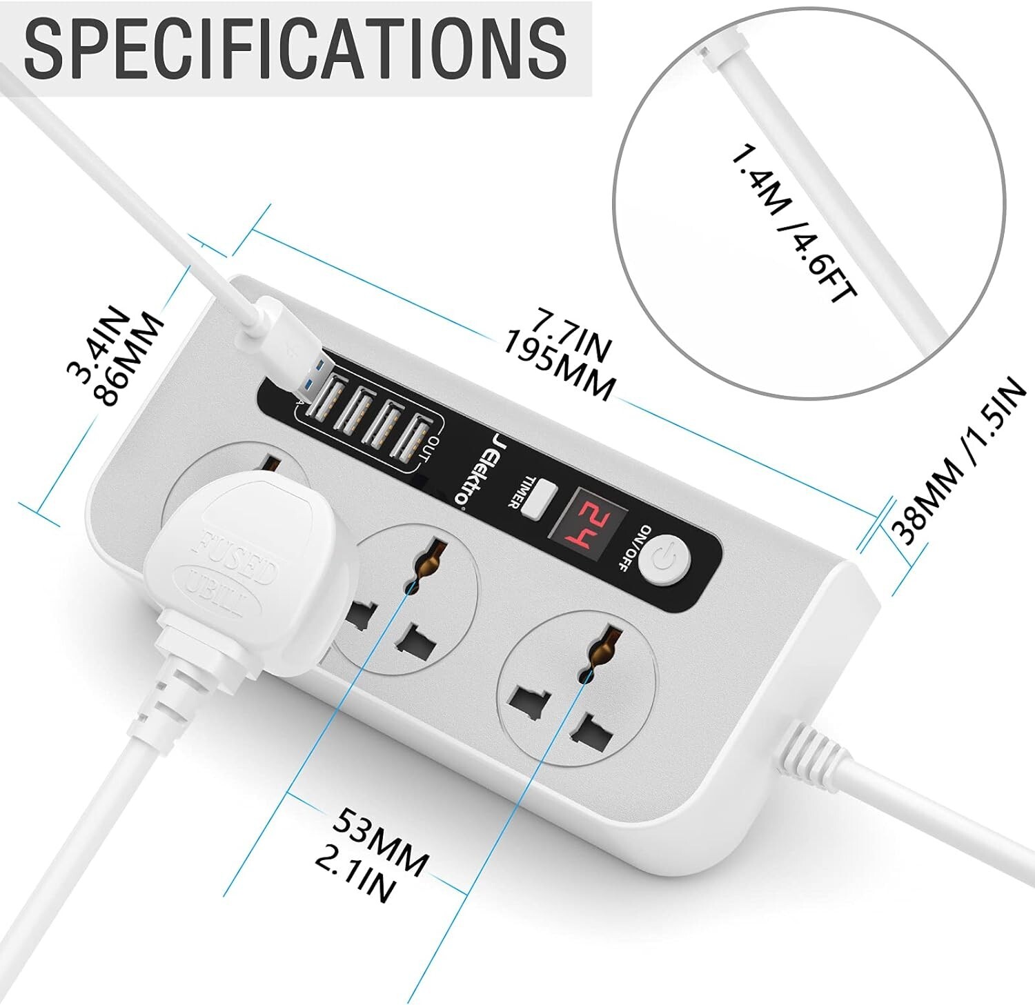 Universal Power Strip, 3 Way Universal Outlets 4 USB, 4.59 FT, 24 hour timer