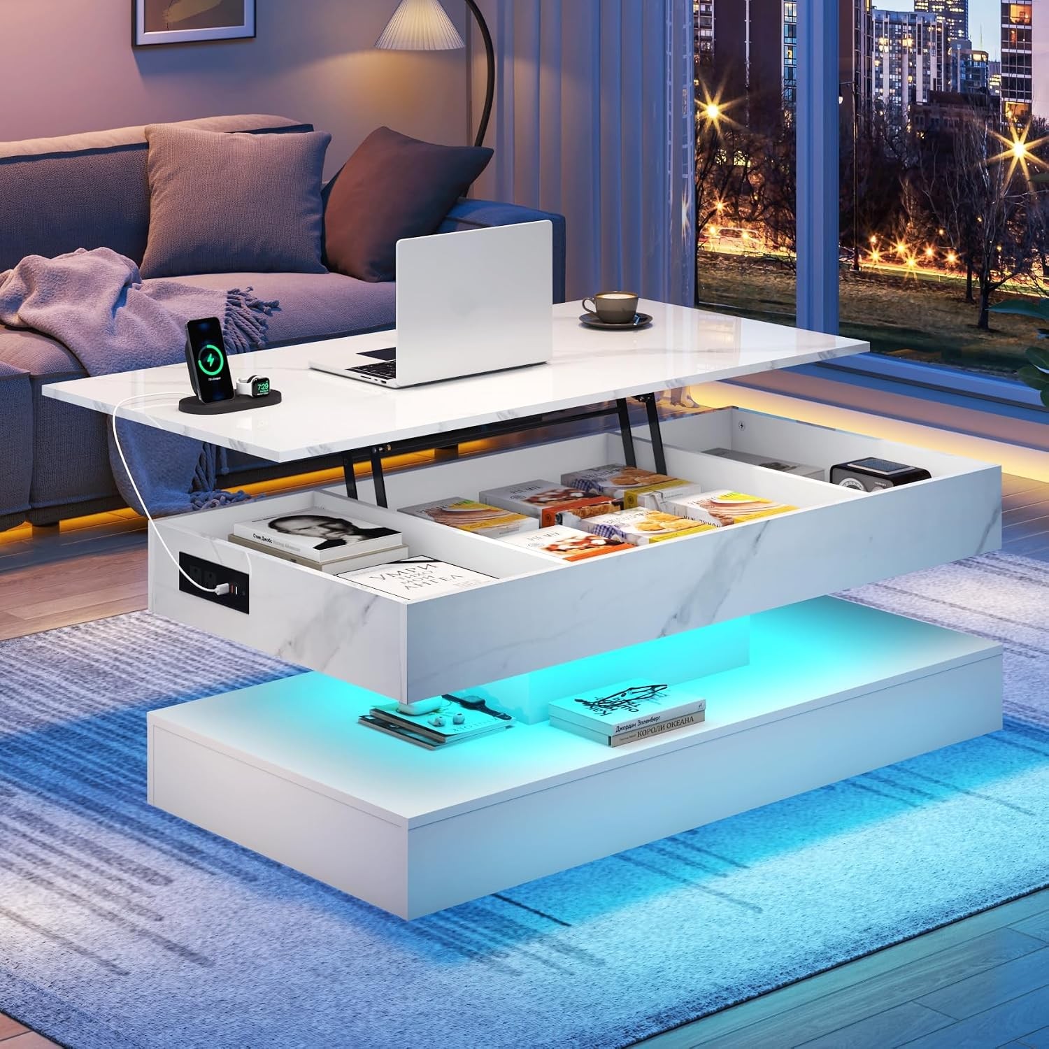 47.2" Large Lift Top Coffee Table Modern LED High Glossy Coffee Table W/ Storage